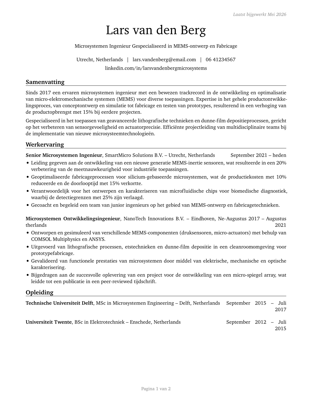 Microsystems Engineers CV in Dutch — page 1
