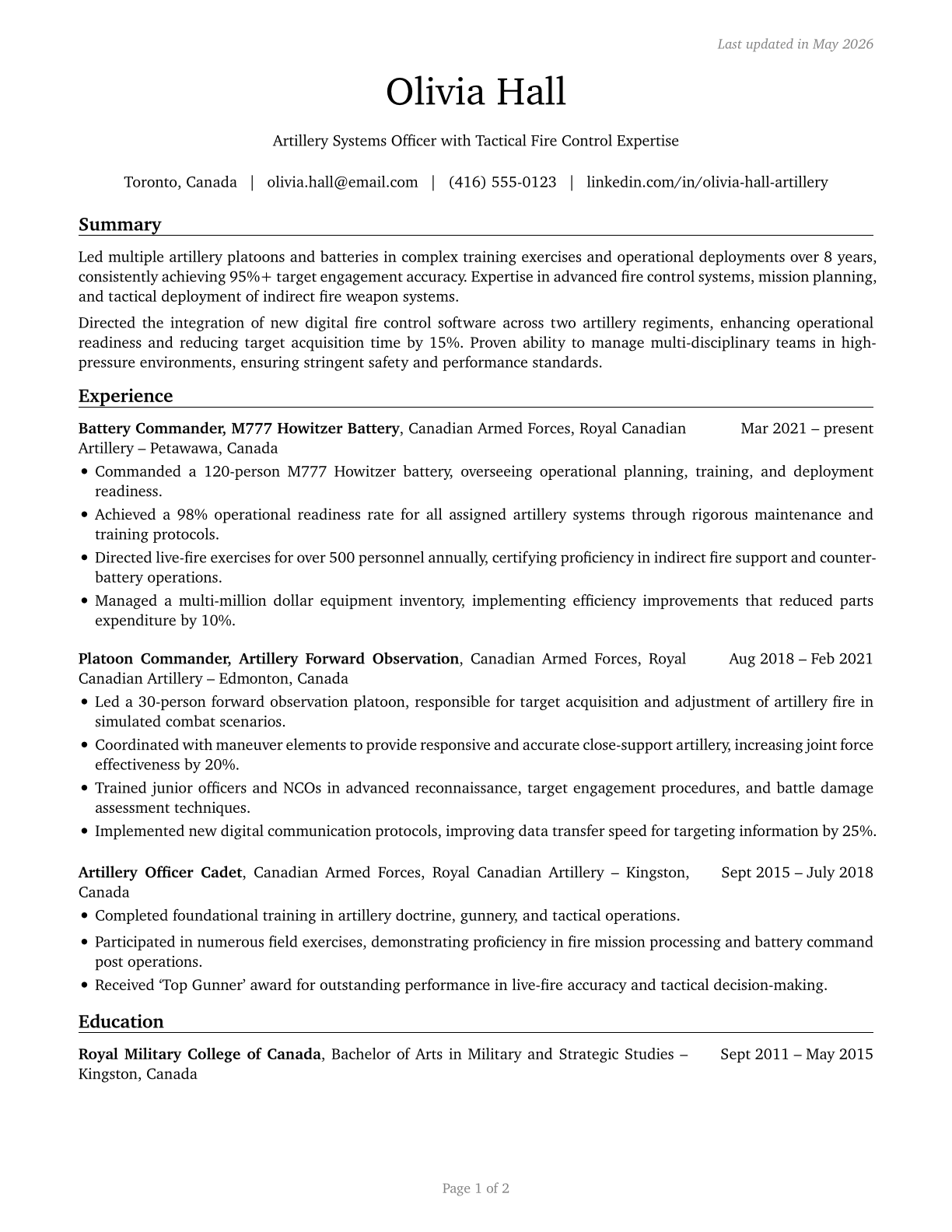 Artillery and Missile Officers CV in English — page 1