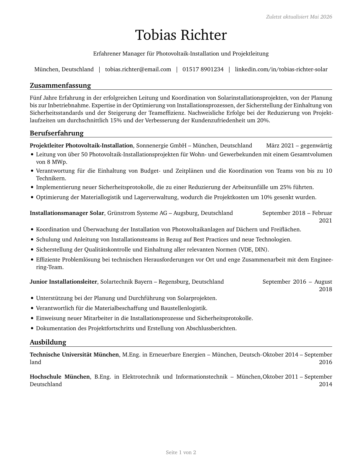 Solar Energy Installation Managers CV in German — page 1