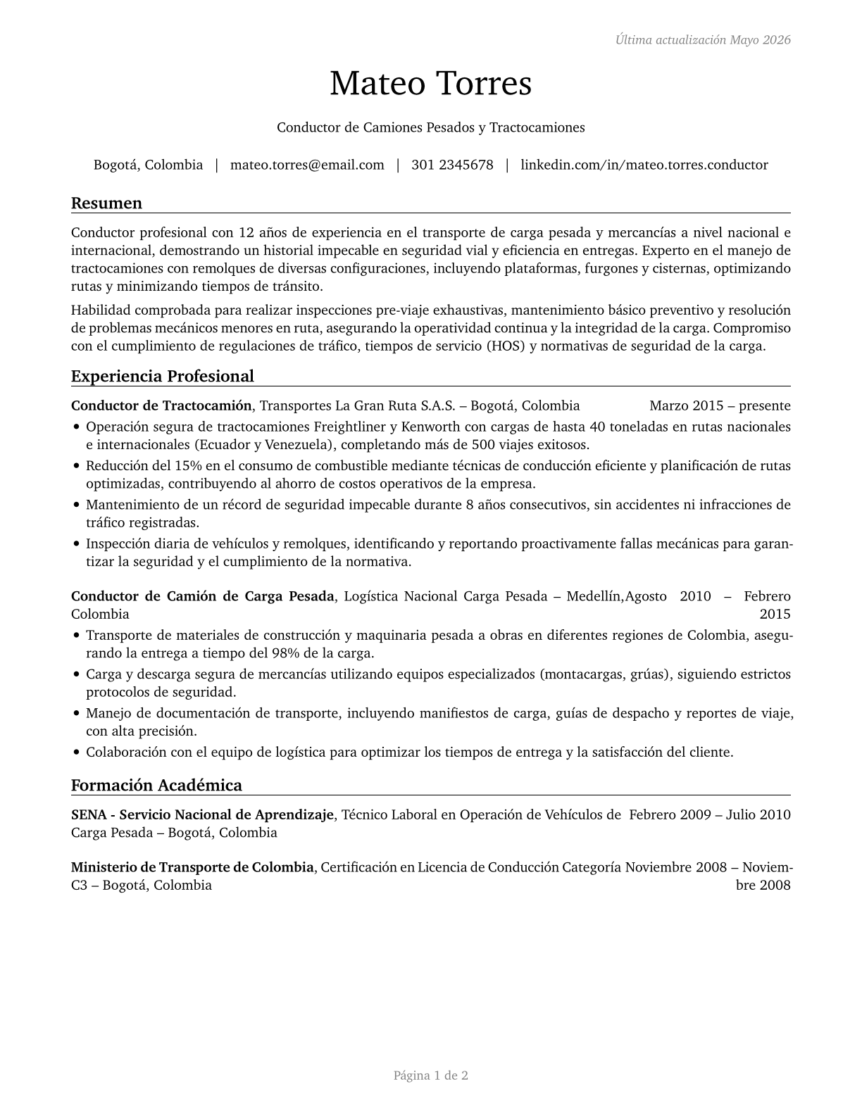 Heavy and Tractor-Trailer Truck Drivers CV in Spanish — page 1
