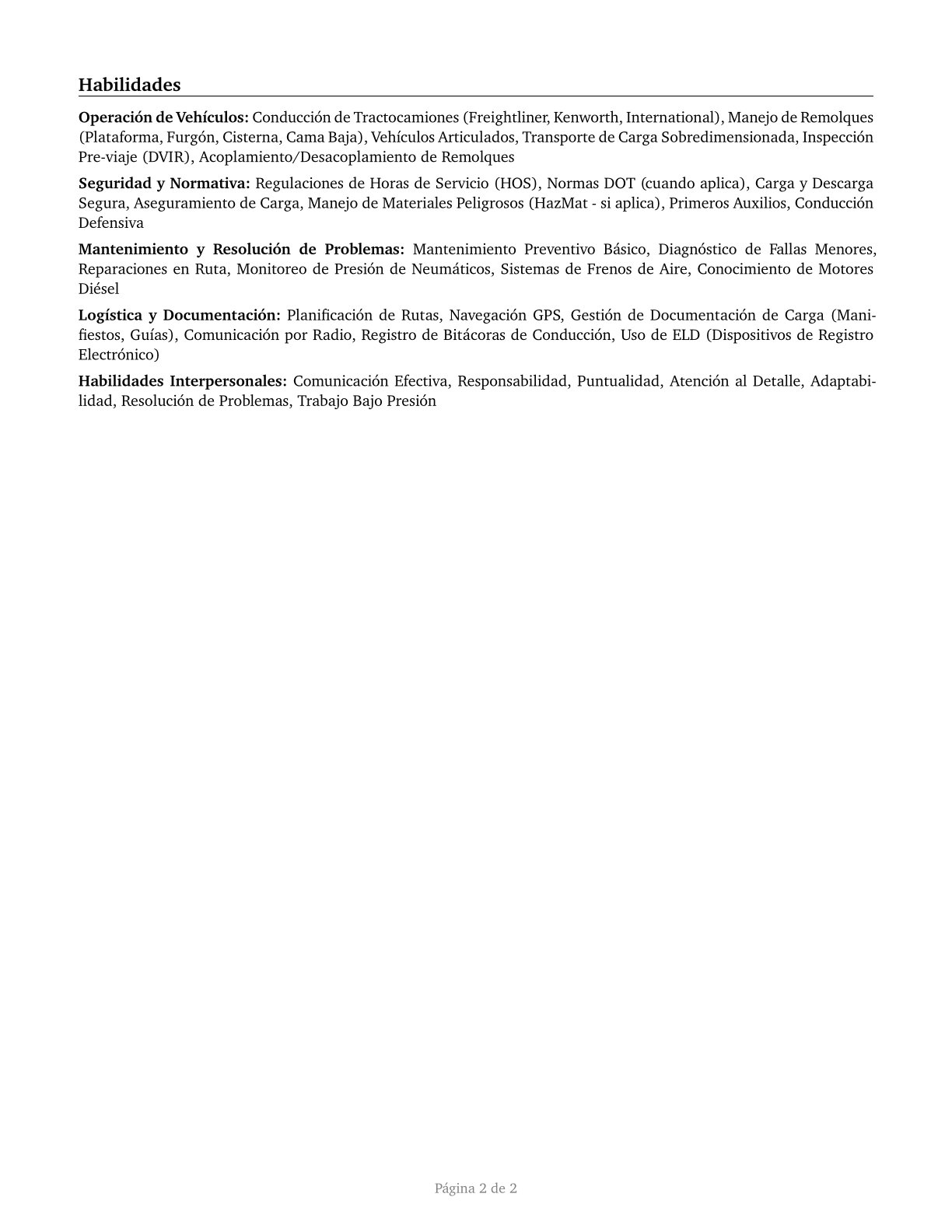 Heavy and Tractor-Trailer Truck Drivers CV in Spanish — page 2