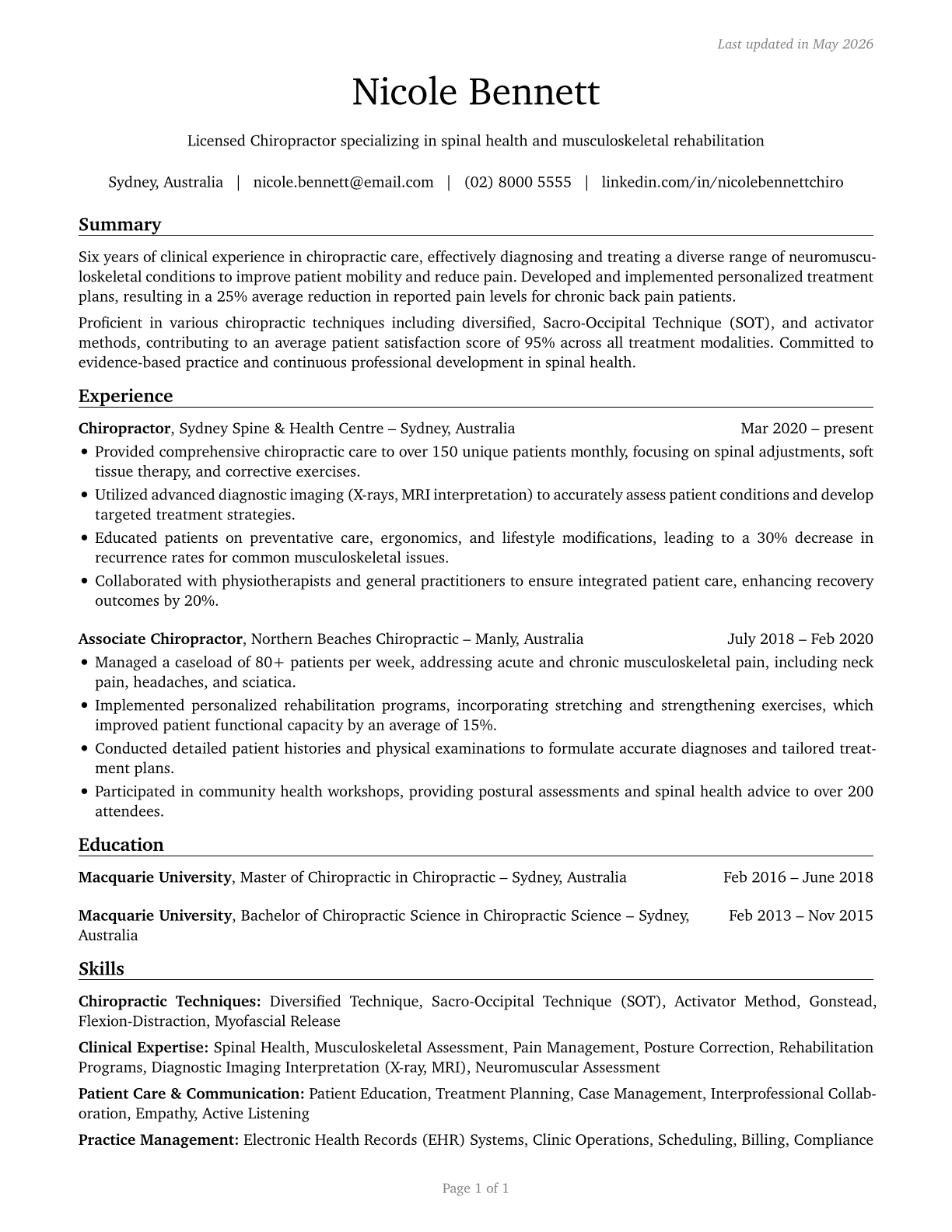 Chiropractors CV in English — page 1
