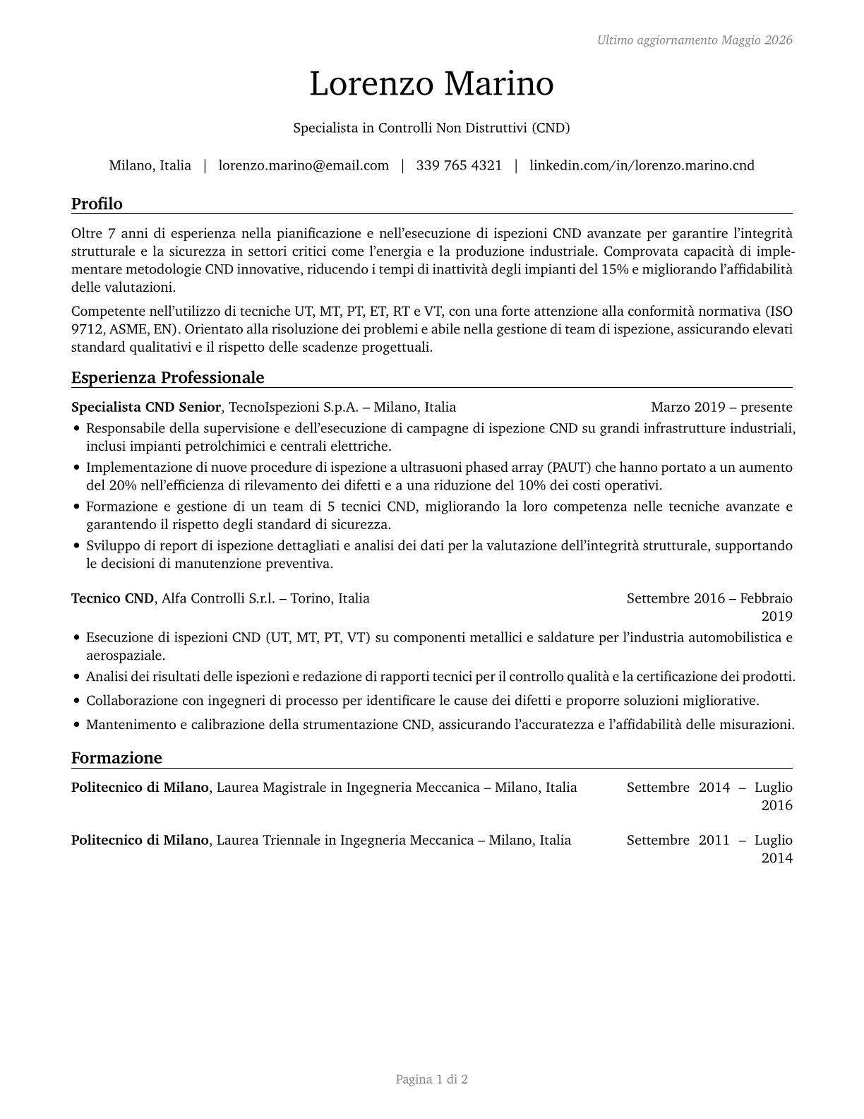 Non-Destructive Testing Specialists CV in Italian — page 1