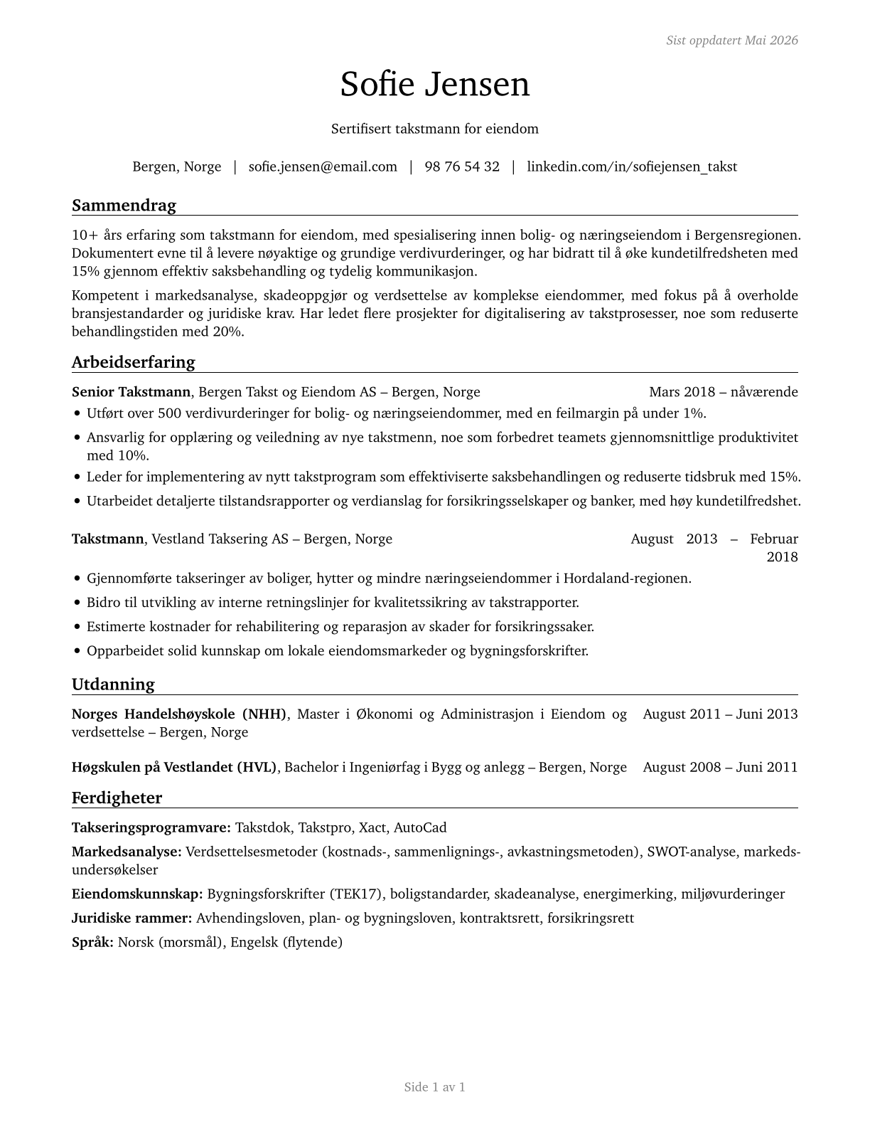 Appraisers and Assessors of Real Estate CV in Norwegian_bokmal — page 1