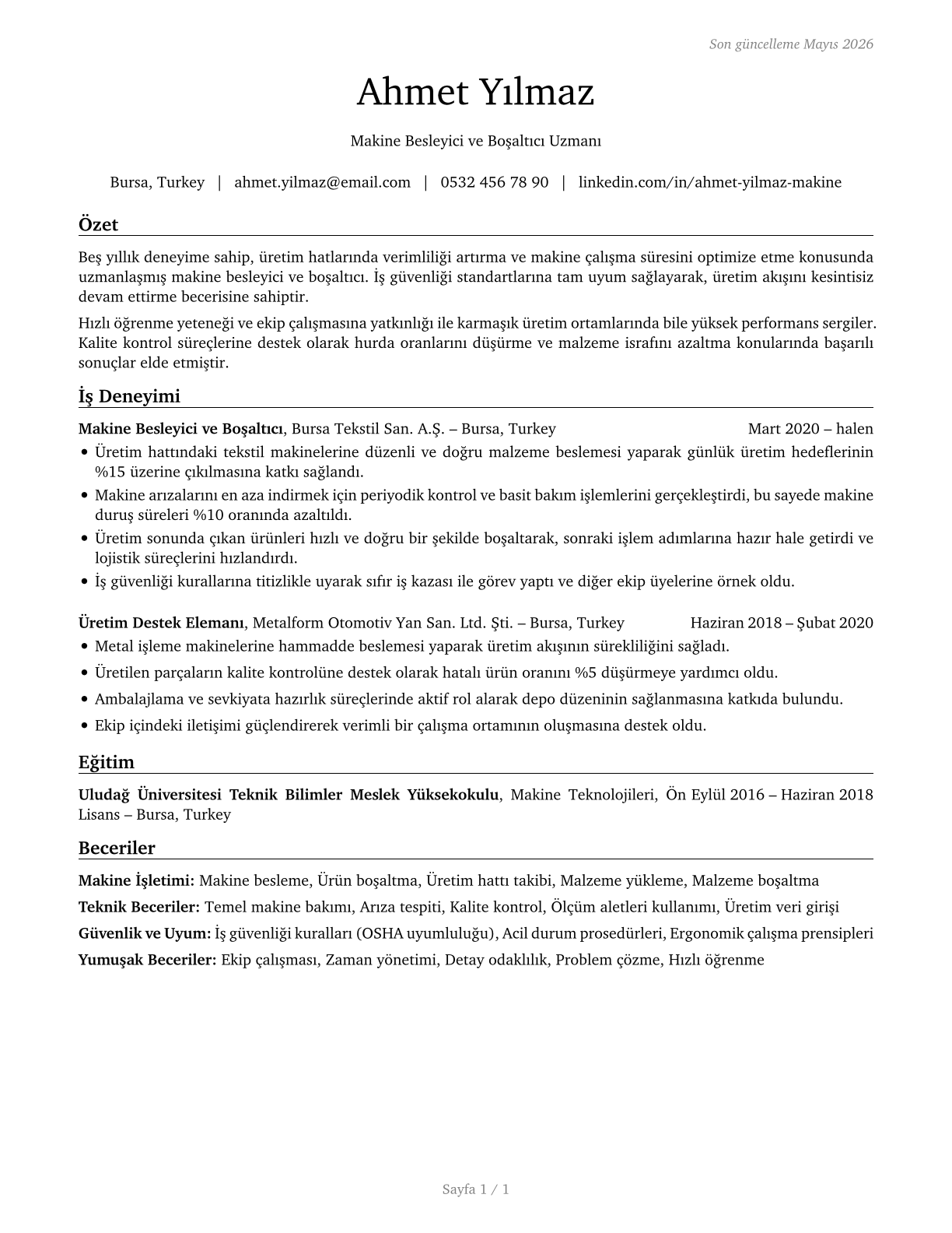 Machine Feeders and Offbearers CV in Turkish — page 1