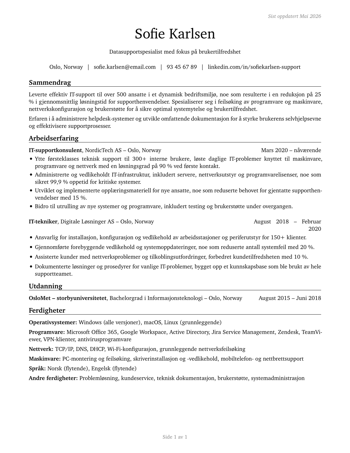 Computer User Support Specialists CV in Norwegian_bokmal — page 1