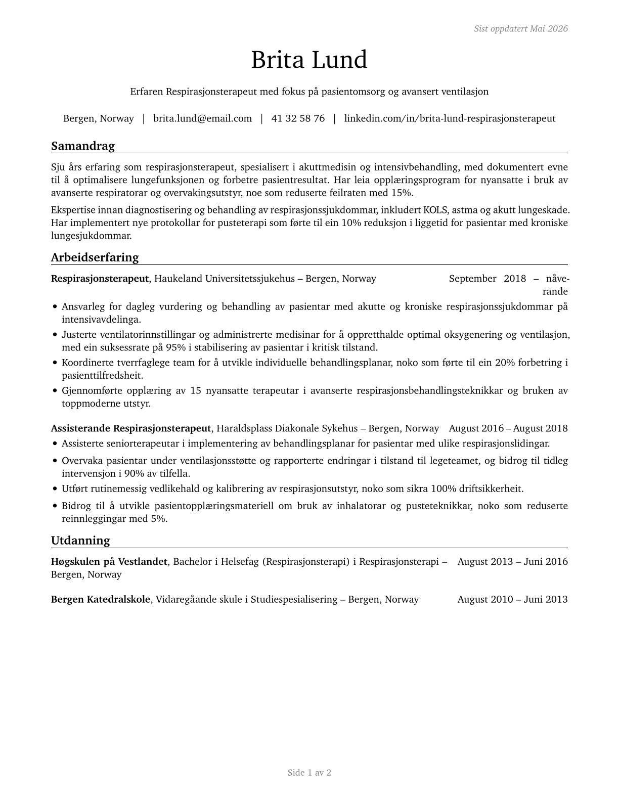 Respiratory Therapists CV in Norwegian_nynorsk — page 1