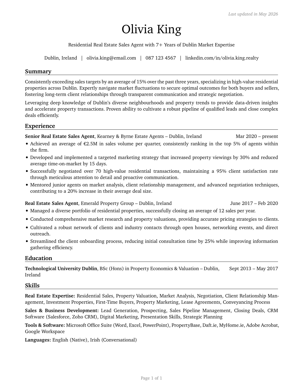 Real Estate Sales Agents CV in English — page 1