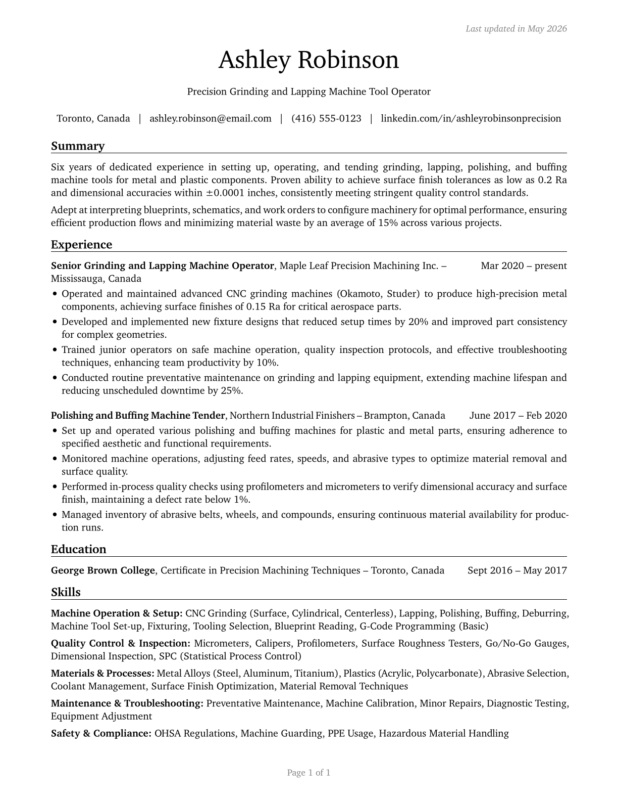 Grinding, Lapping, Polishing, and Buffing Machine Tool Setters, Operators, and Tenders, Metal and Plastic CV in English — page 1