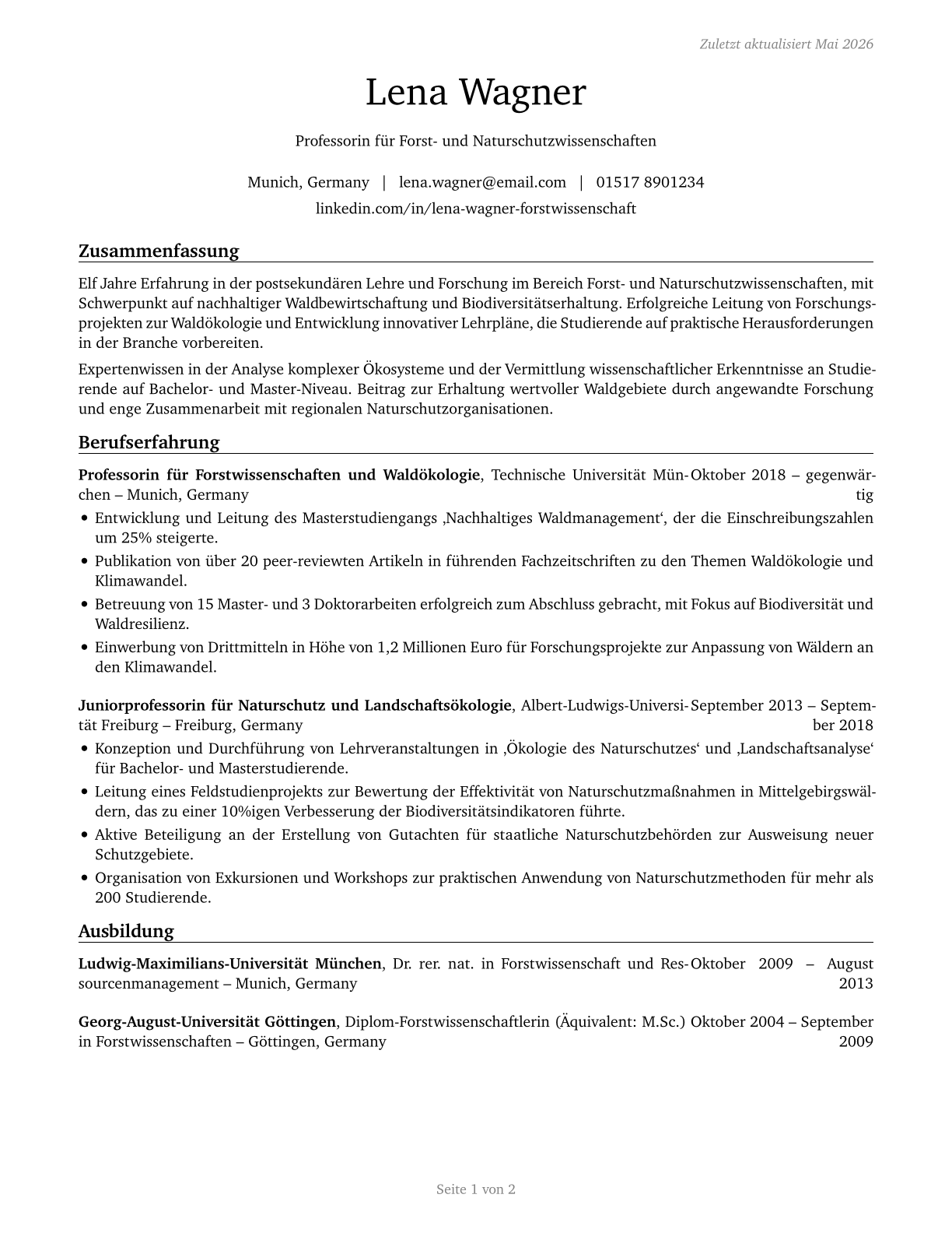 Forestry and Conservation Science Teachers, Postsecondary CV in German — page 1