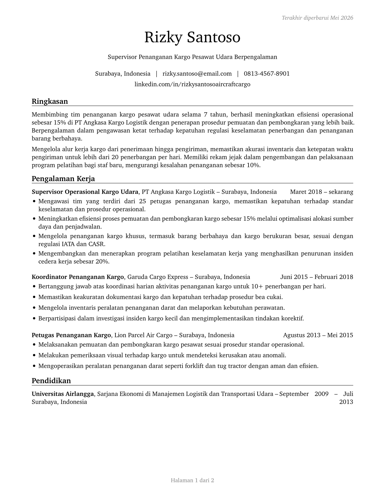 Aircraft Cargo Handling Supervisors CV in Indonesian — page 1