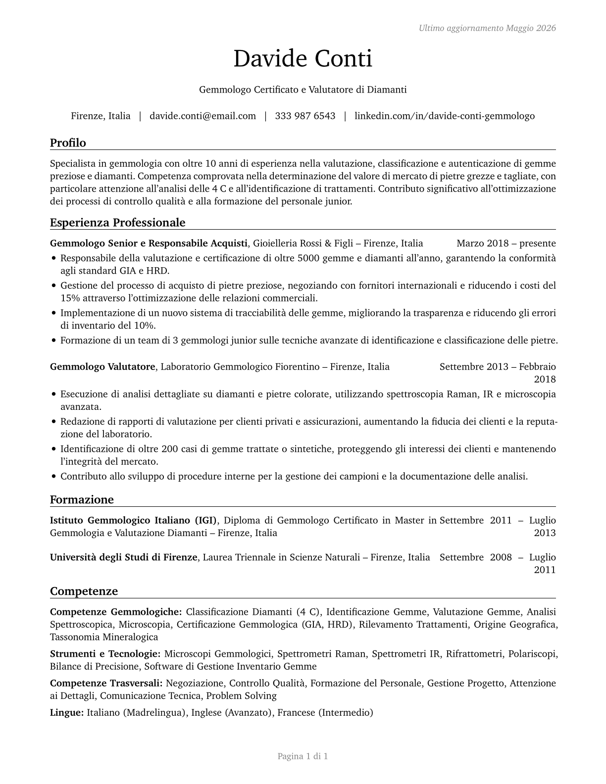 Gem and Diamond Workers CV in Italian — page 1