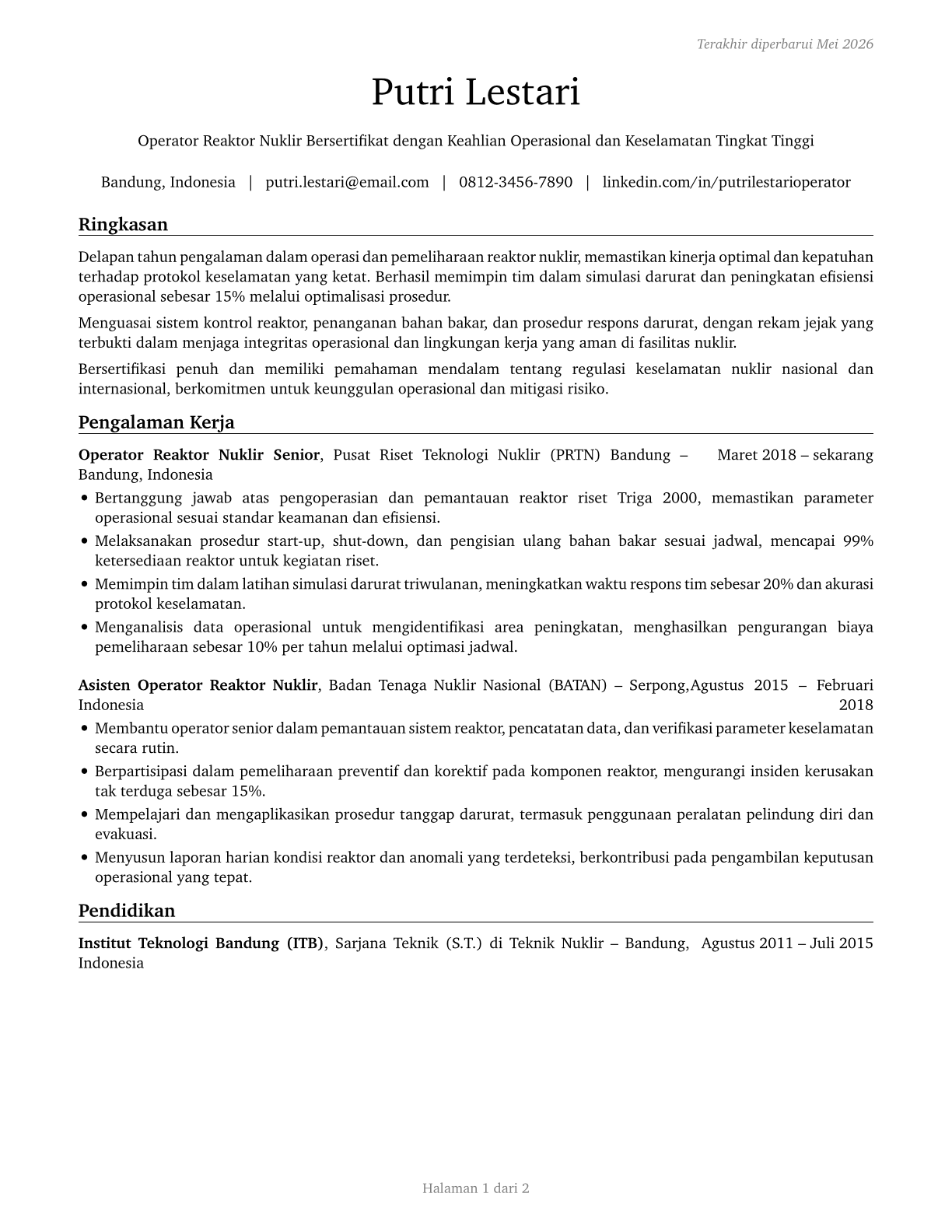 Nuclear Power Reactor Operators CV in Indonesian — page 1