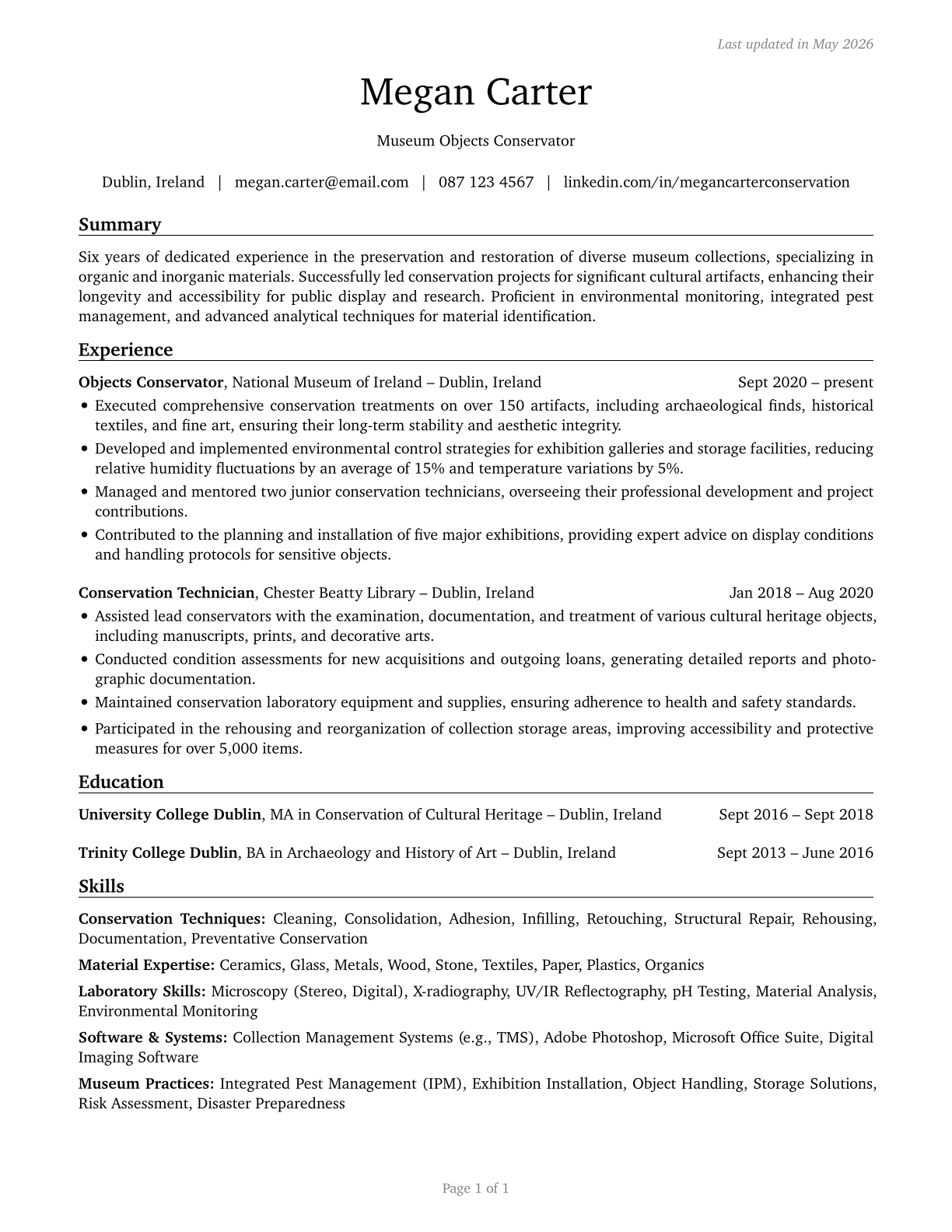 Museum Technicians and Conservators CV in English — page 1