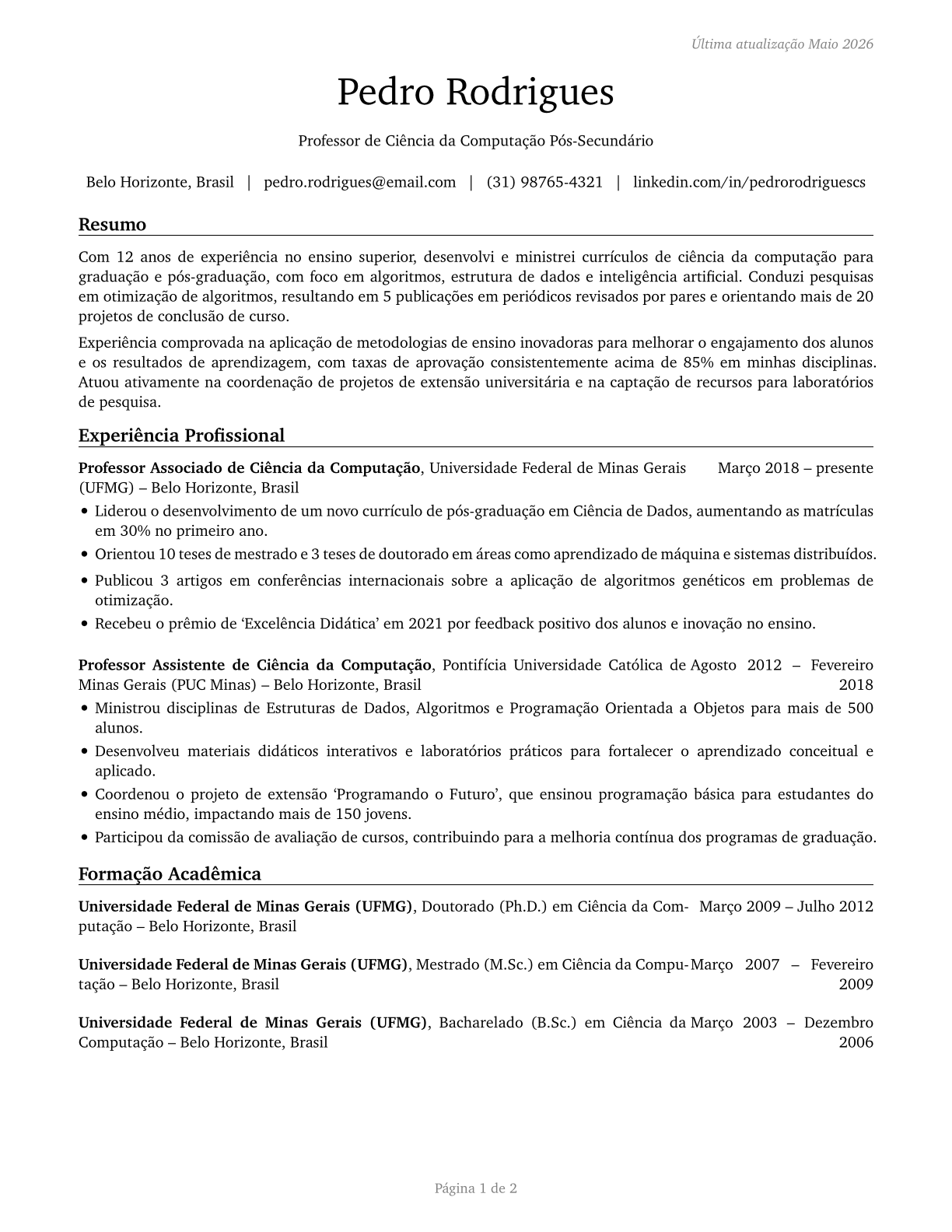 Computer Science Teachers, Postsecondary CV in Portuguese — page 1
