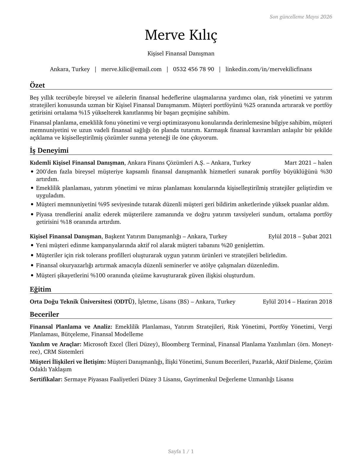 Personal Financial Advisors CV in Turkish — page 1