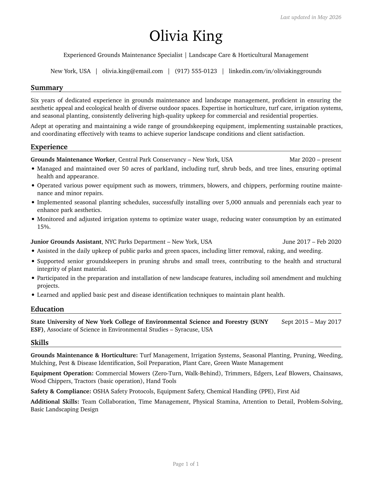 Grounds Maintenance Workers, All Other CV in English — page 1