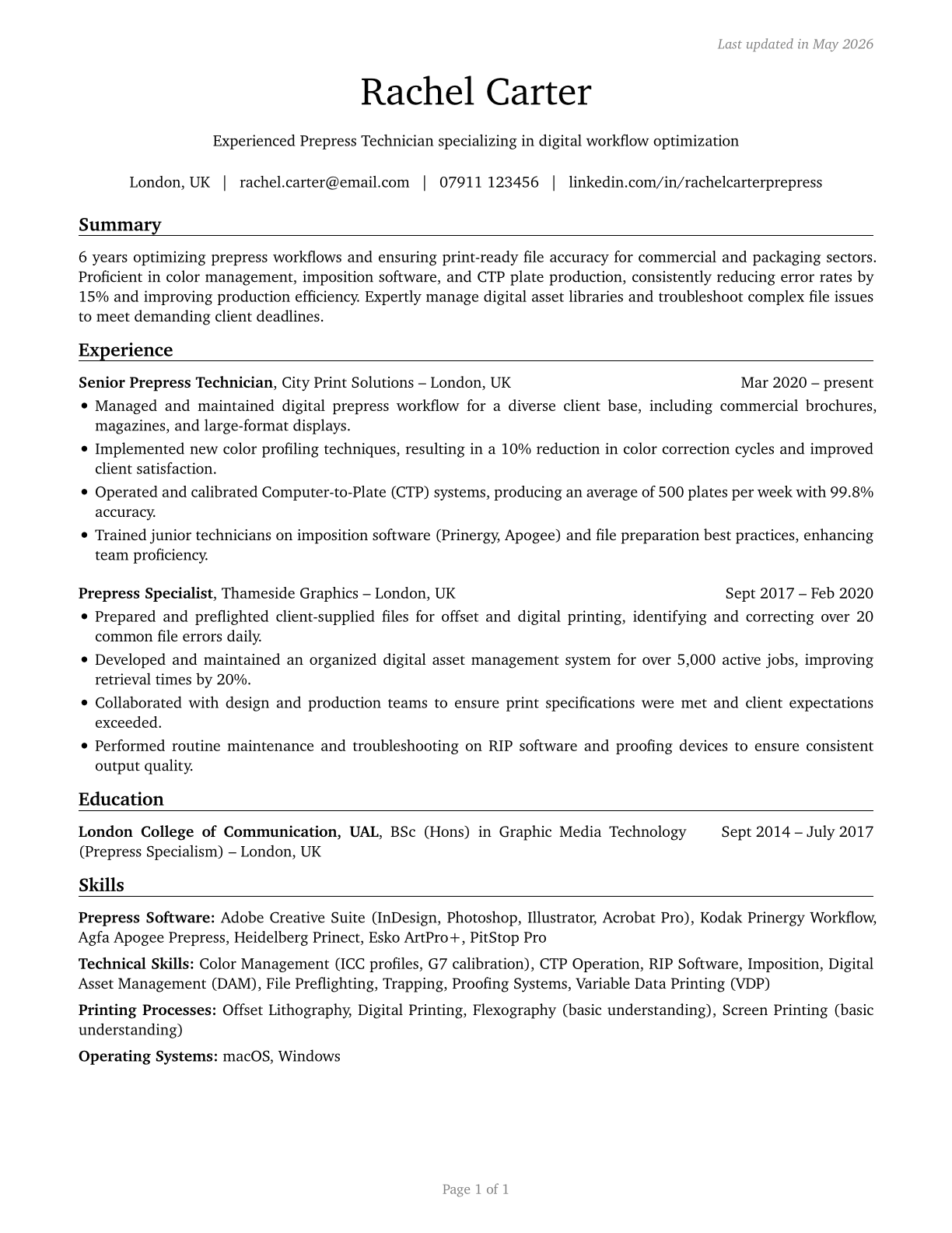 Prepress Technicians and Workers CV in English — page 1