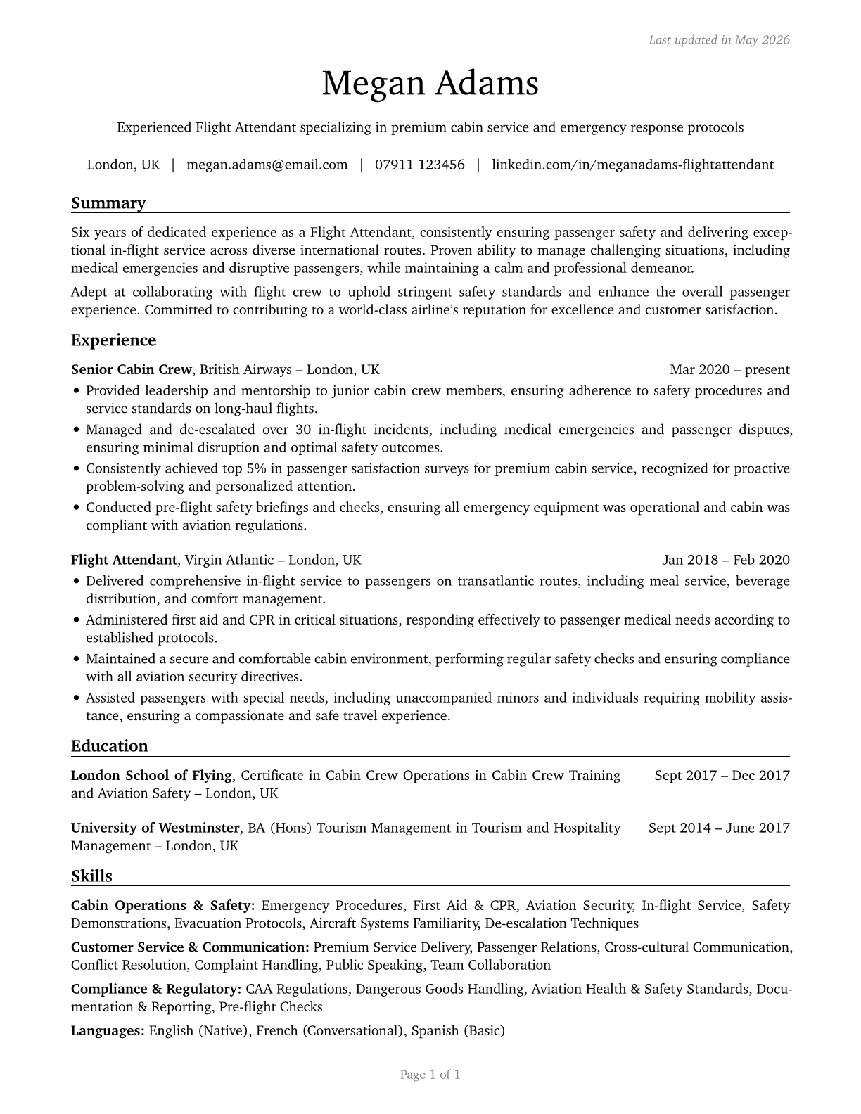 Flight Attendants CV in English — page 1