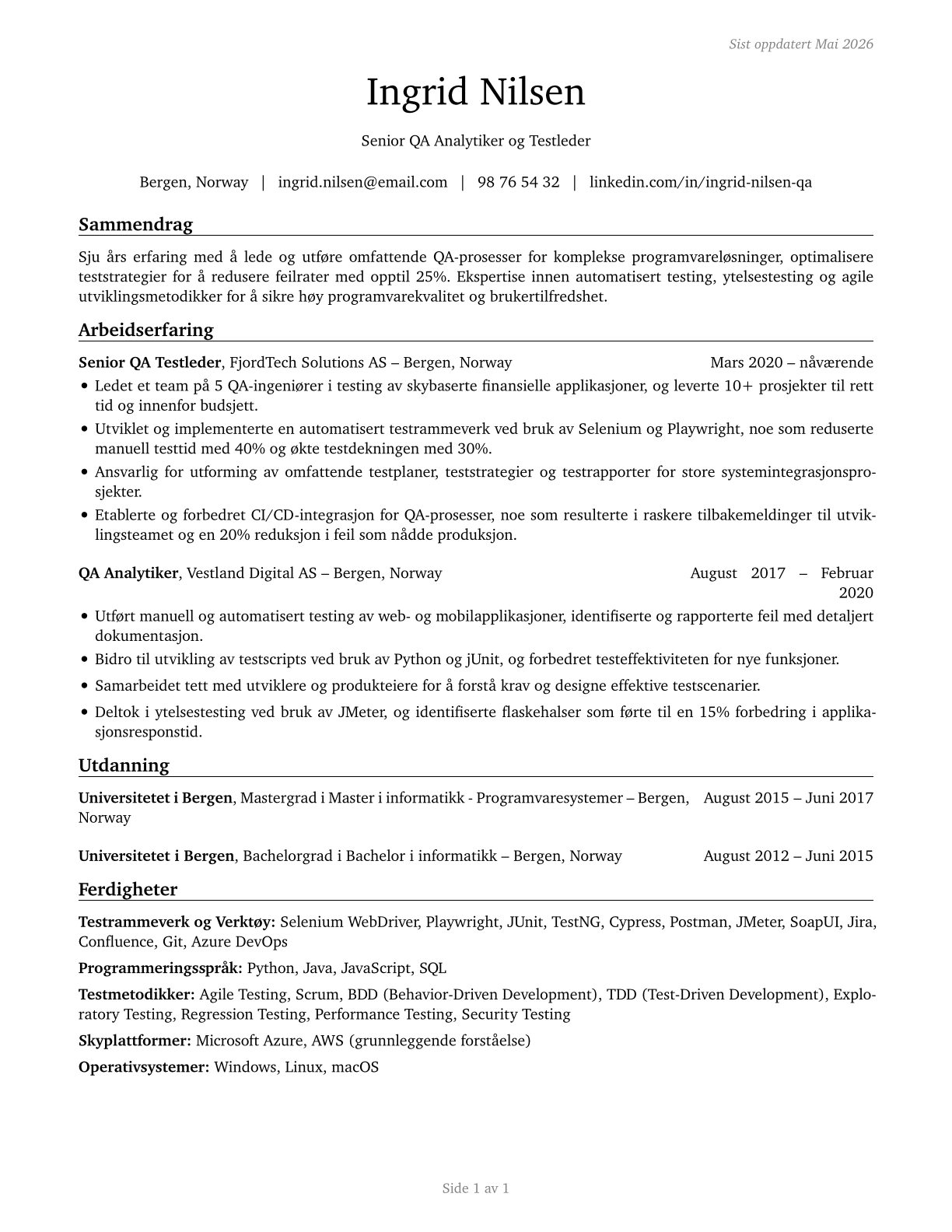 Software Quality Assurance Analysts and Testers CV in Norwegian_bokmal — page 1