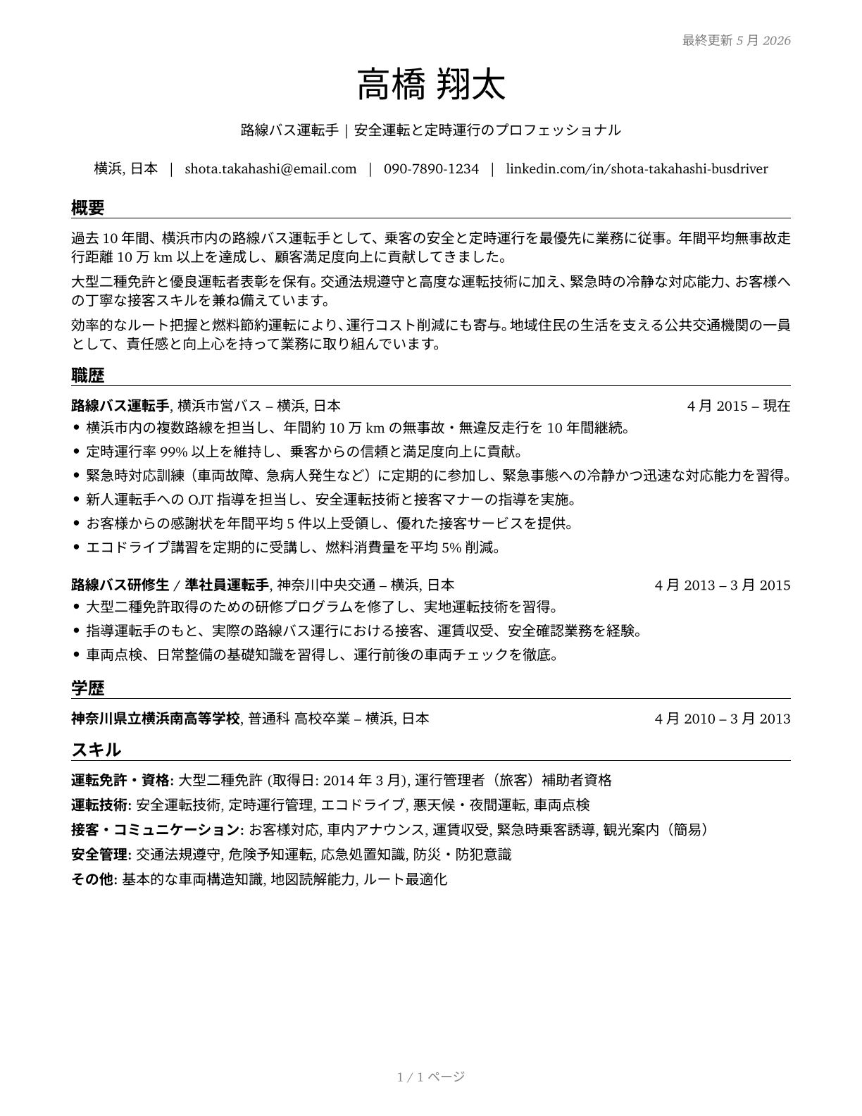 Bus Drivers, Transit and Intercity CV in Japanese — page 1