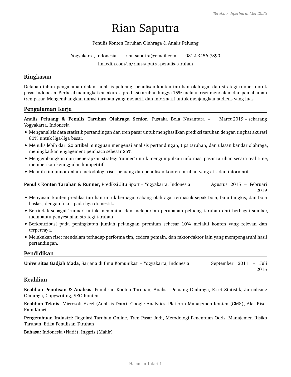 Gambling and Sports Book Writers and Runners CV in Indonesian — page 1