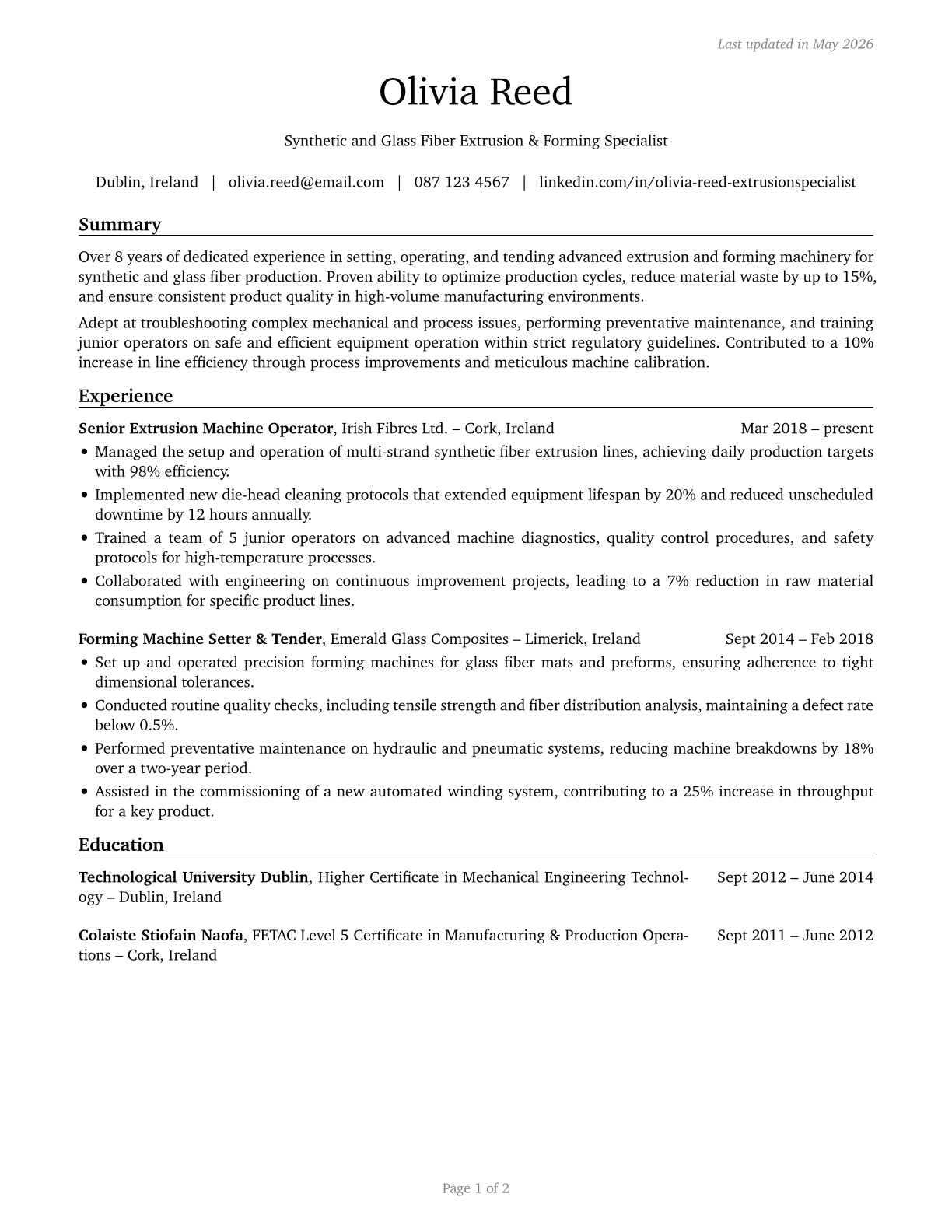 Extruding and Forming Machine Setters, Operators, and Tenders, Synthetic and Glass Fibers CV in English — page 1