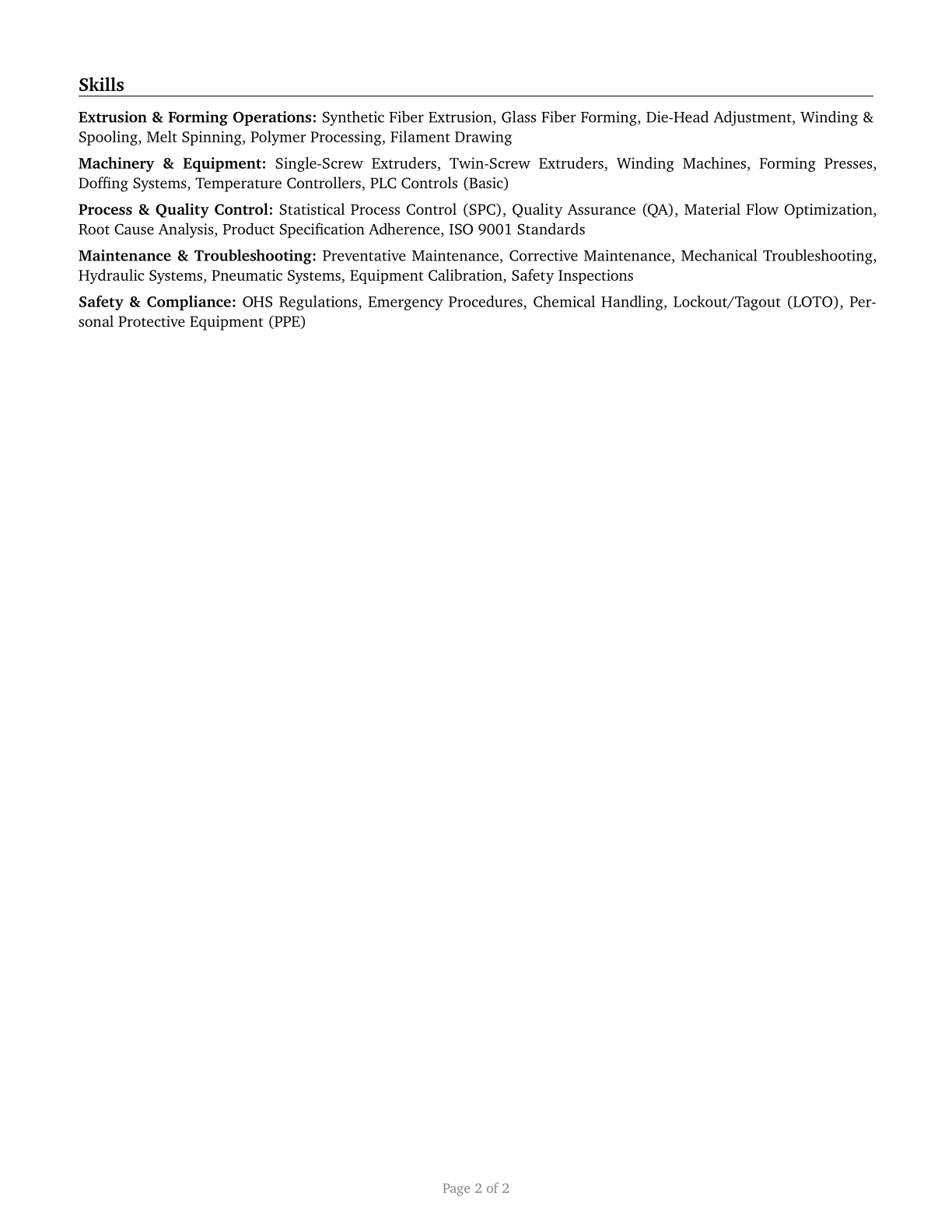 Extruding and Forming Machine Setters, Operators, and Tenders, Synthetic and Glass Fibers CV in English — page 2