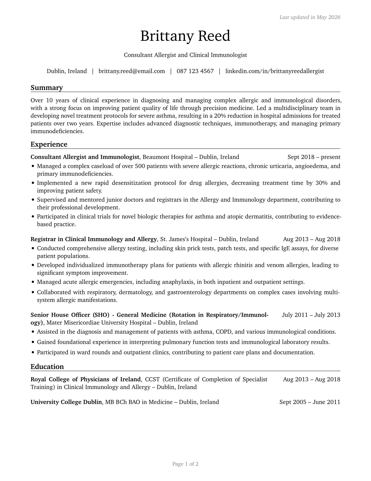 Allergists and Immunologists CV in English — page 1