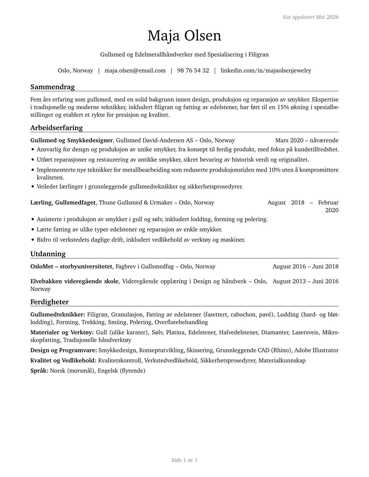 Jewelers and Precious Stone and Metal Workers CV in Norwegian_bokmal — page 1