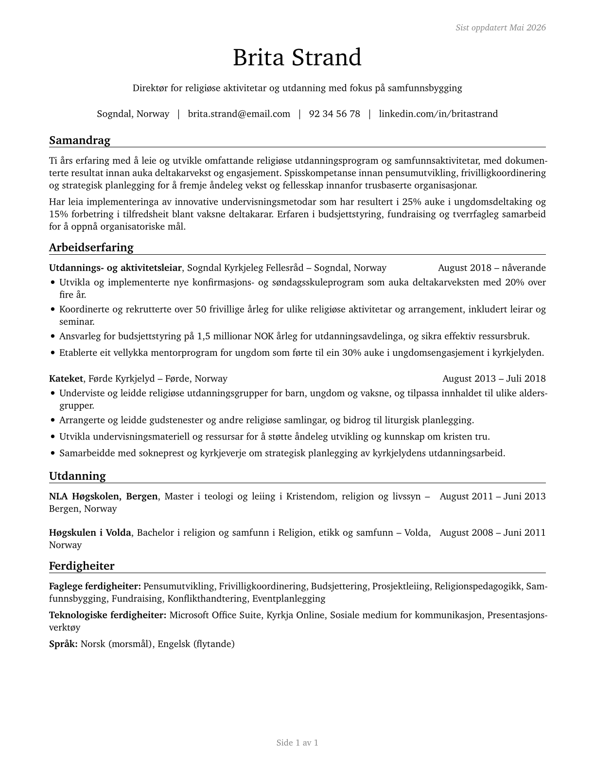 Directors, Religious Activities and Education CV in Norwegian_nynorsk — page 1