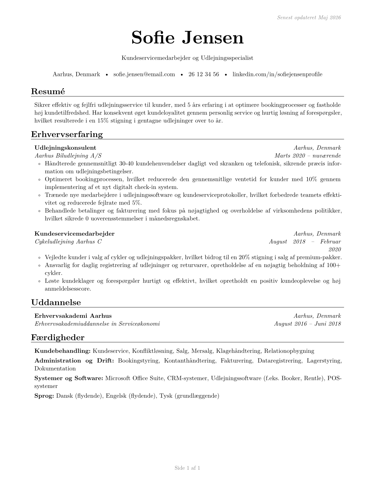 Counter and Rental Clerks CV in Danish — page 1