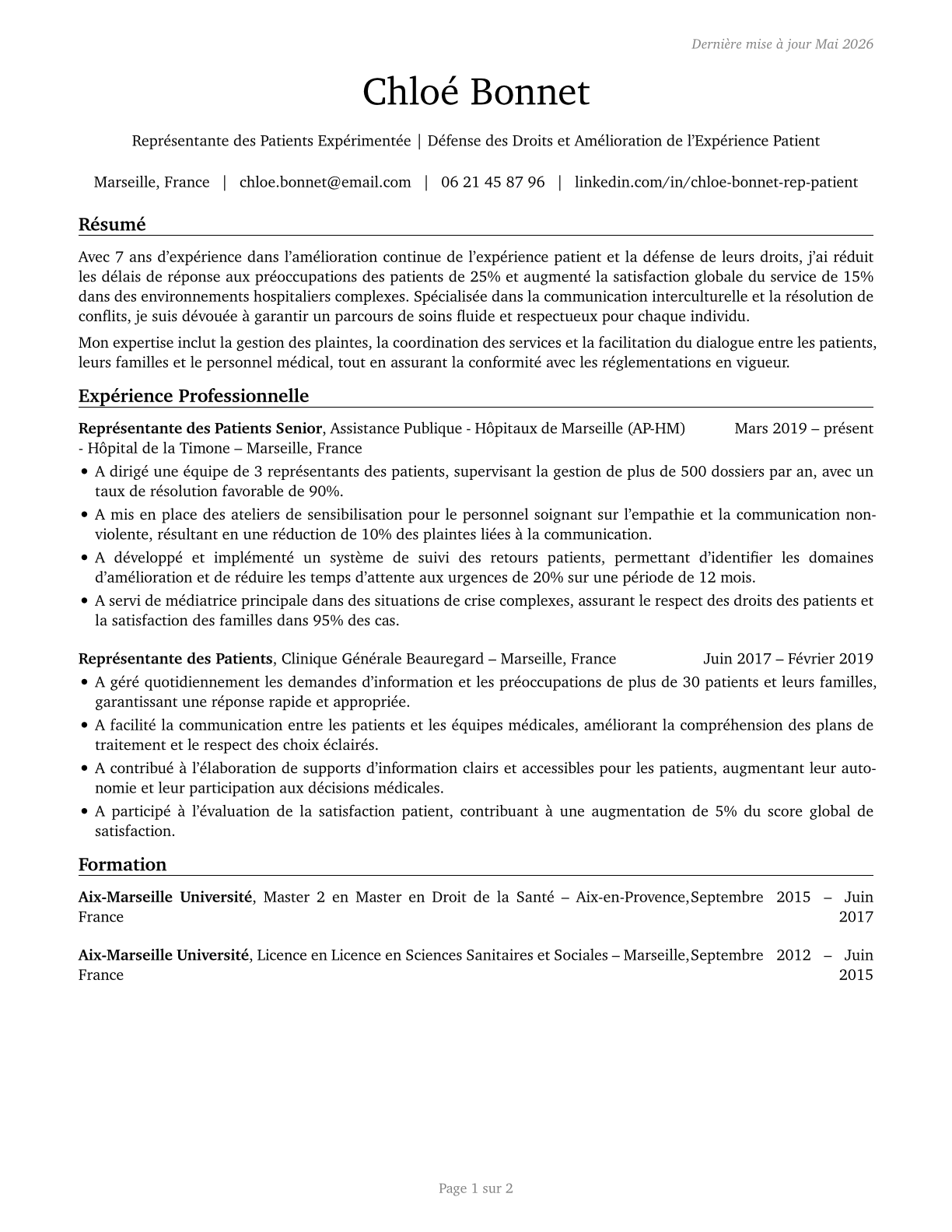 Patient Representatives CV in French — page 1