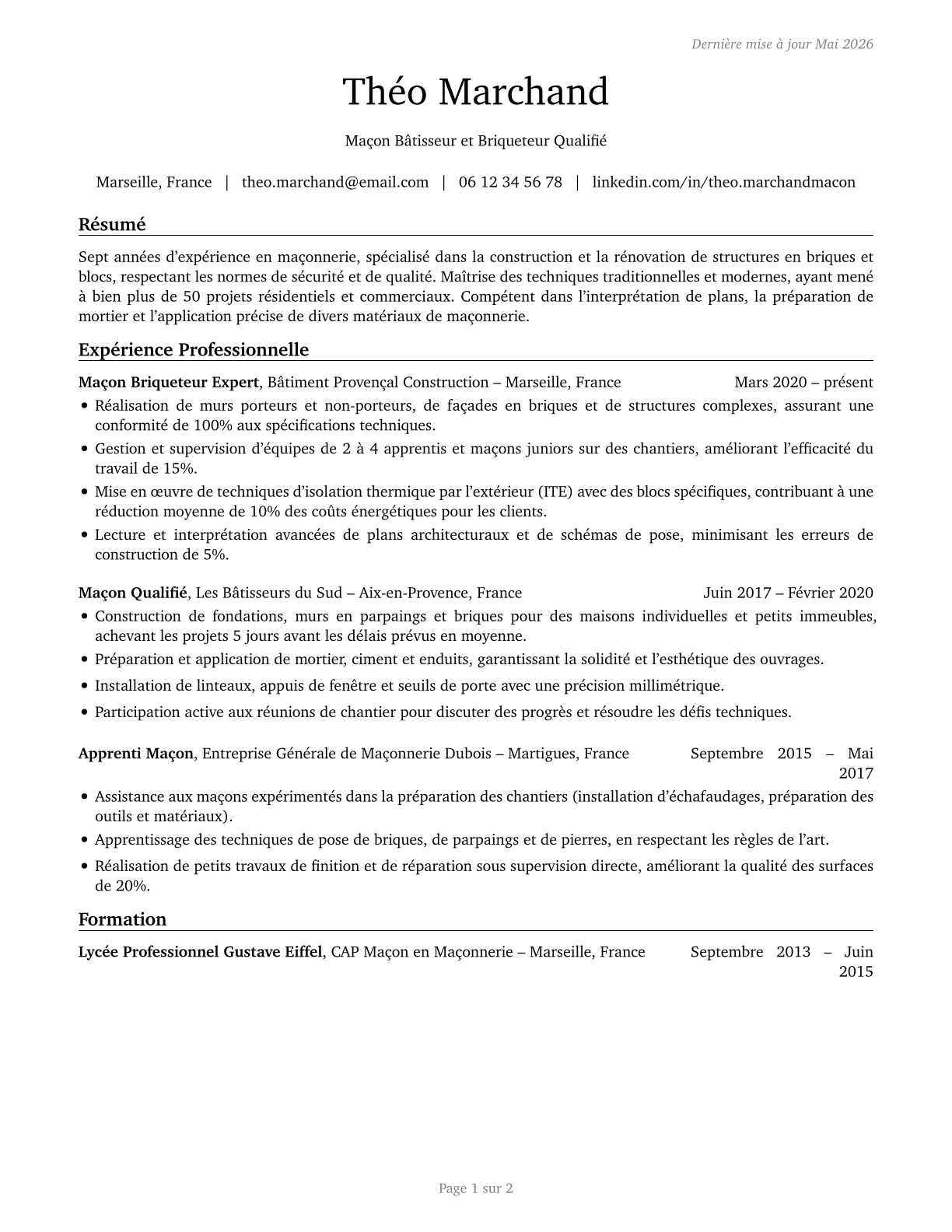 Brickmasons and Blockmasons CV in French — page 1