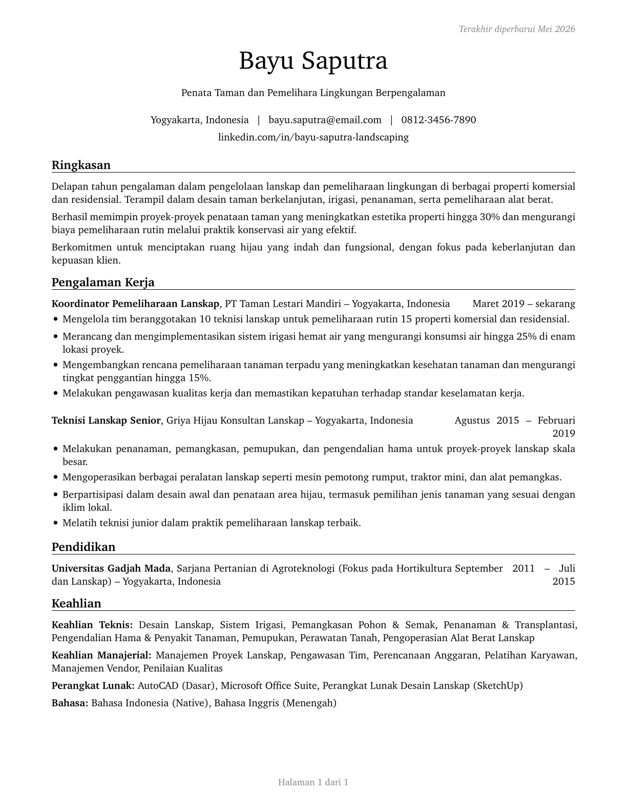 Landscaping and Groundskeeping Workers CV in Indonesian — page 1