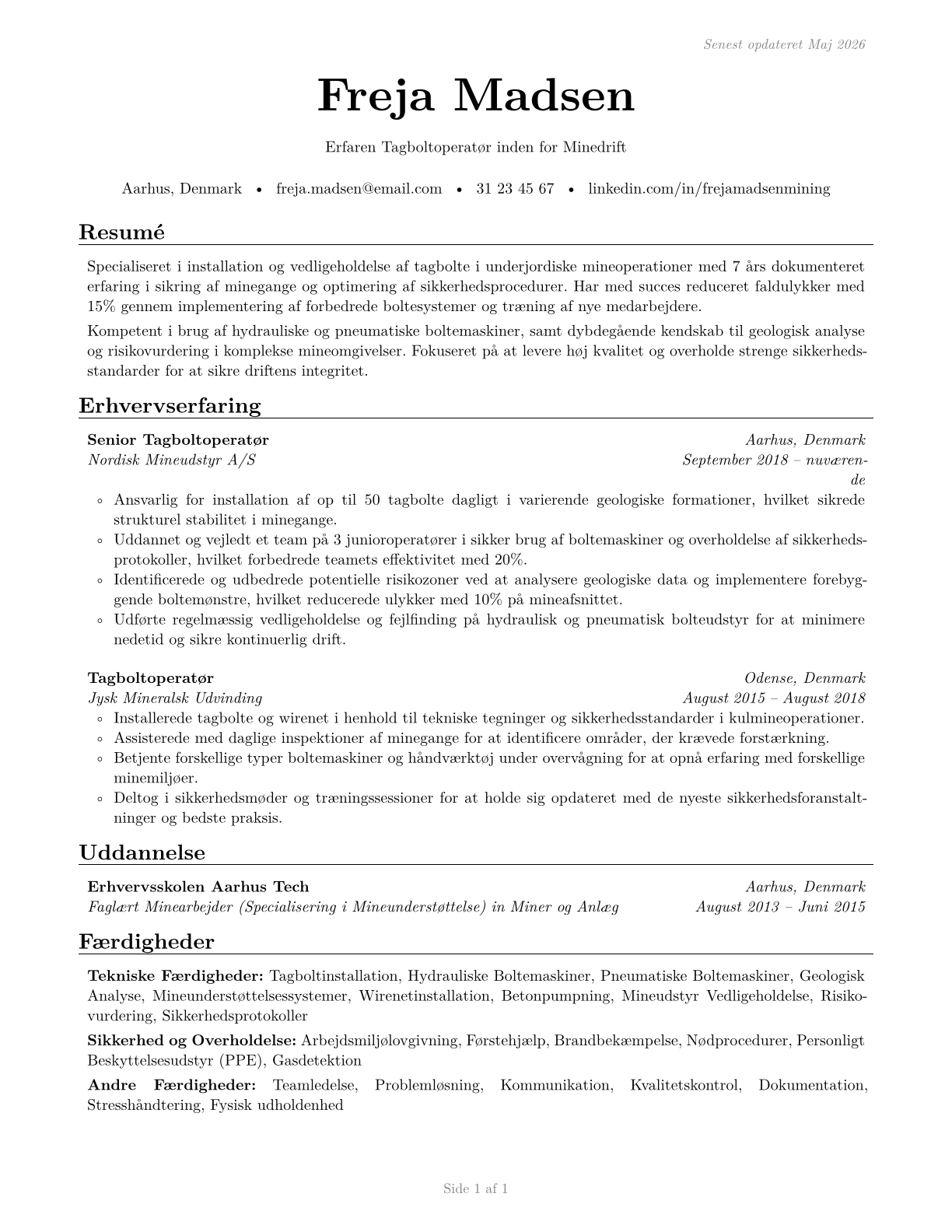 Roof Bolters, Mining CV in Danish — page 1