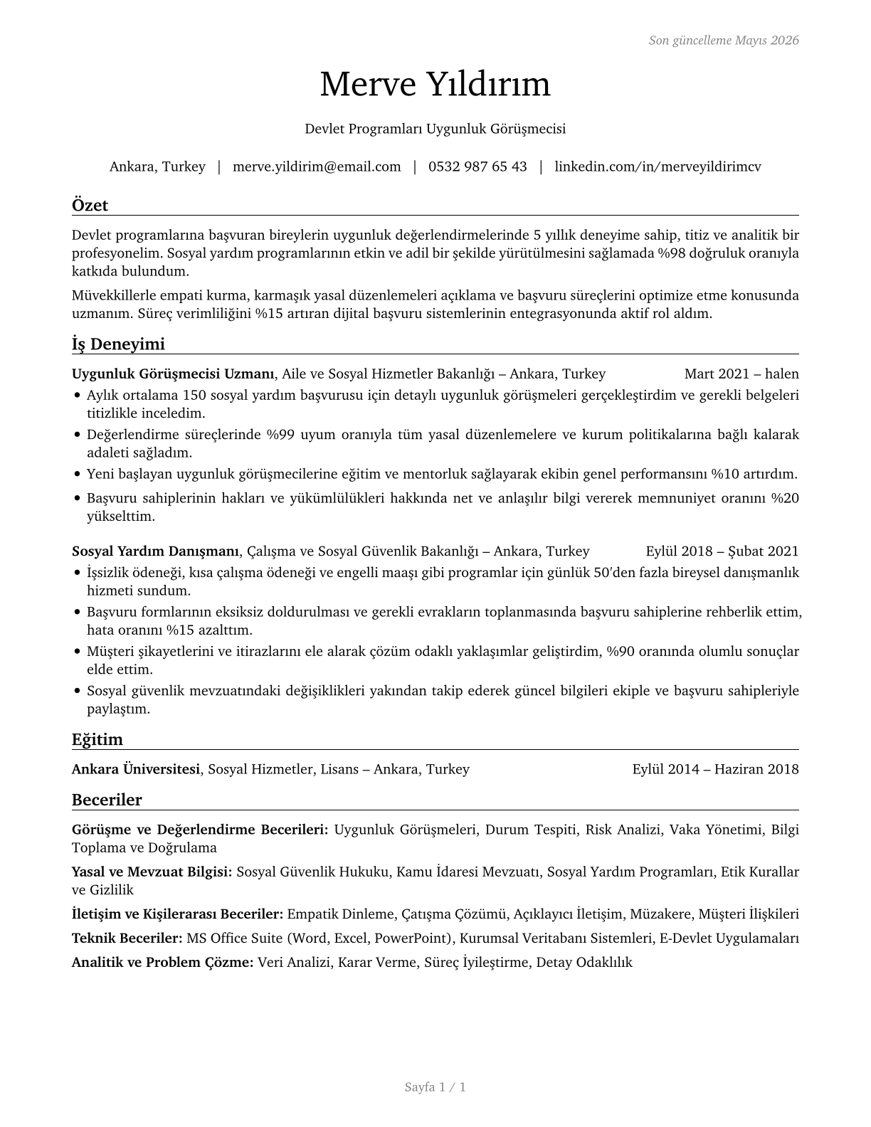 Eligibility Interviewers, Government Programs CV in Turkish — page 1