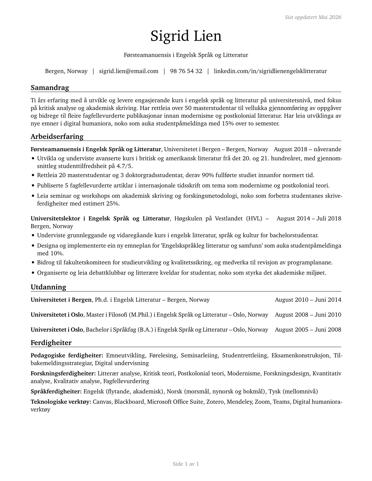 English Language and Literature Teachers, Postsecondary CV in Norwegian_nynorsk — page 1
