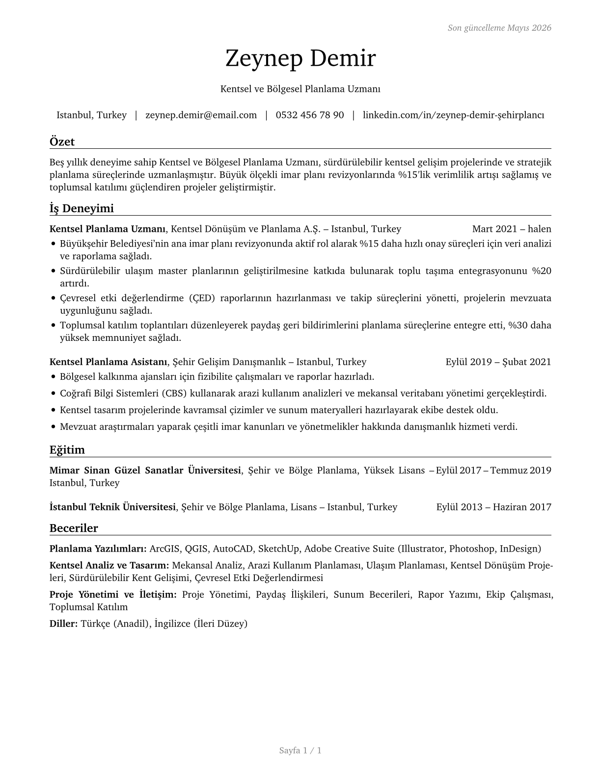 Urban and Regional Planners CV in Turkish — page 1