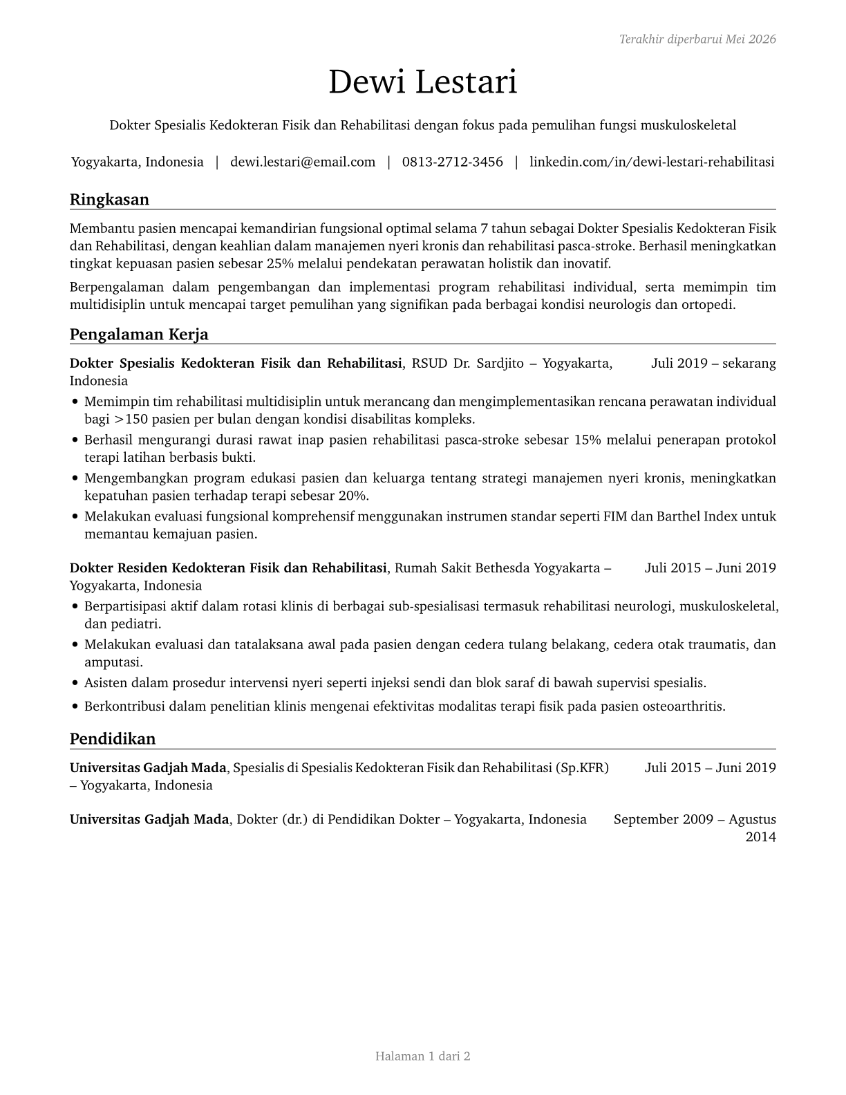 Physical Medicine and Rehabilitation Physicians CV in Indonesian — page 1