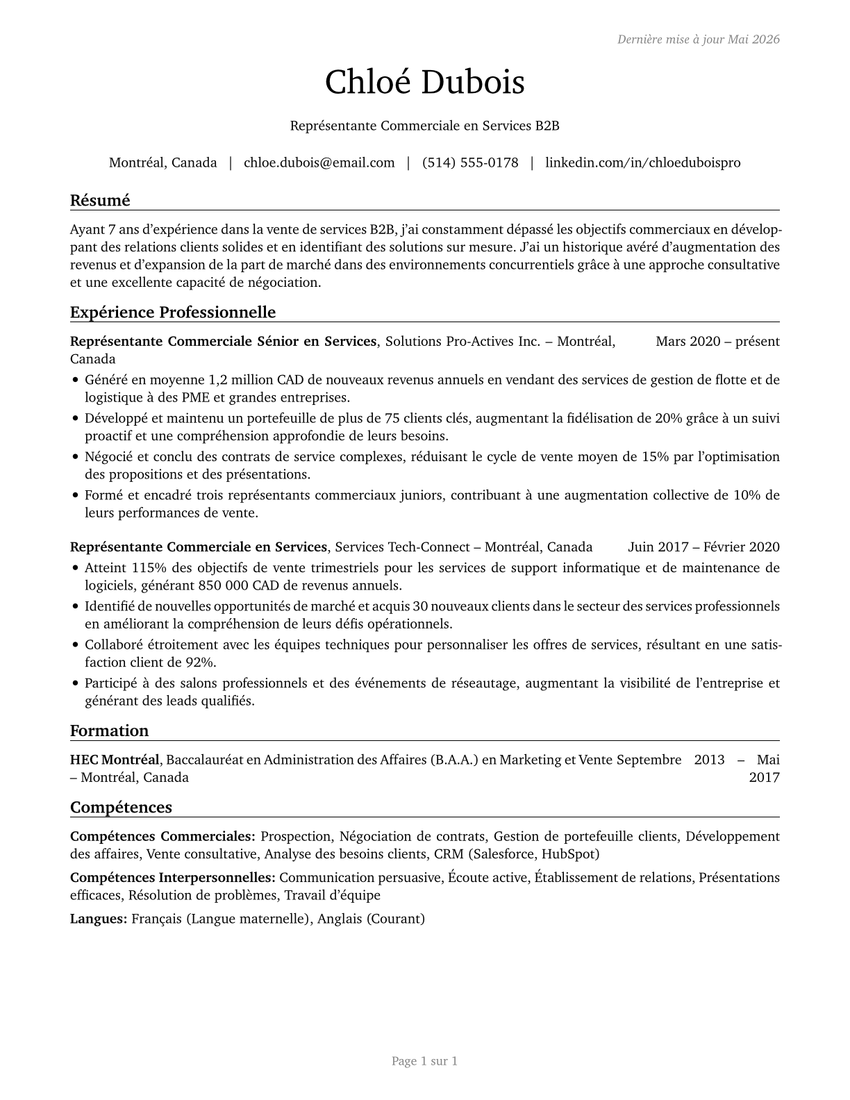 Sales Representatives of Services, Except Advertising, Insurance, Financial Services, and Travel CV in French — page 1