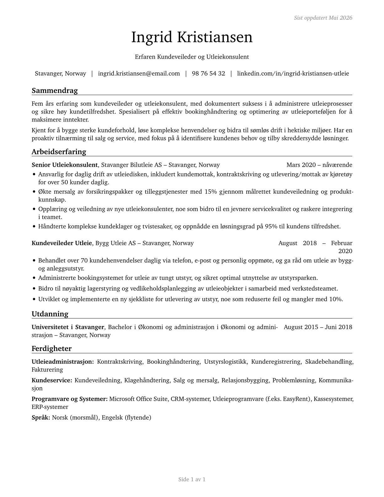 Counter and Rental Clerks CV in Norwegian_bokmal — page 1