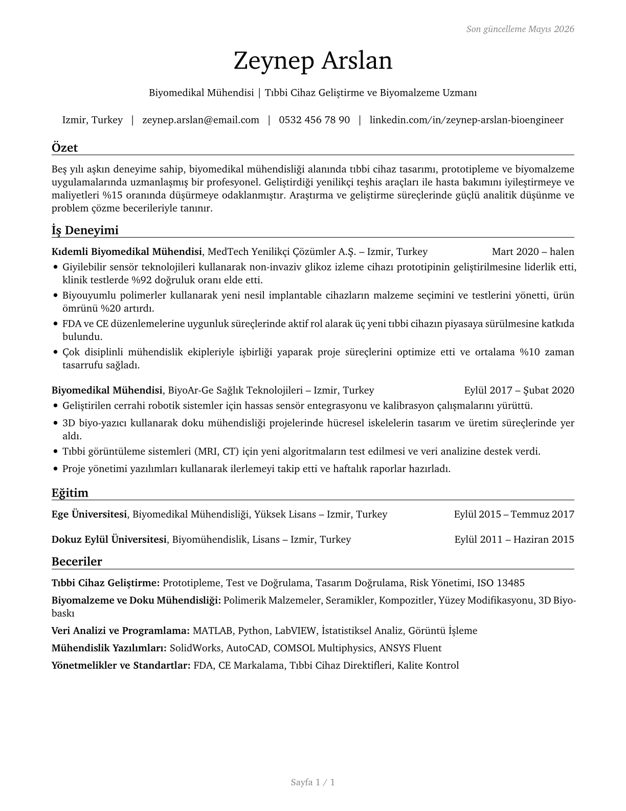 Bioengineers and Biomedical Engineers CV in Turkish — page 1