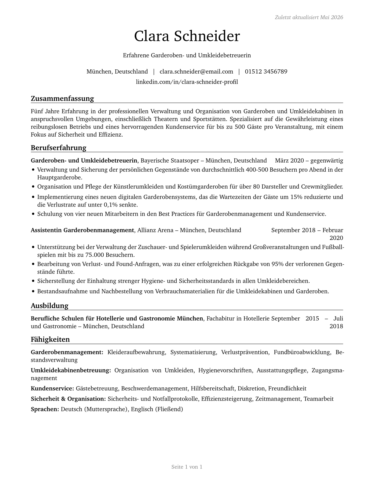Locker Room, Coatroom, and Dressing Room Attendants CV in German — page 1