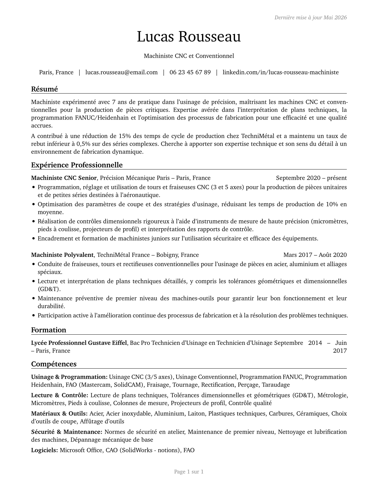 Machinists CV in French — page 1