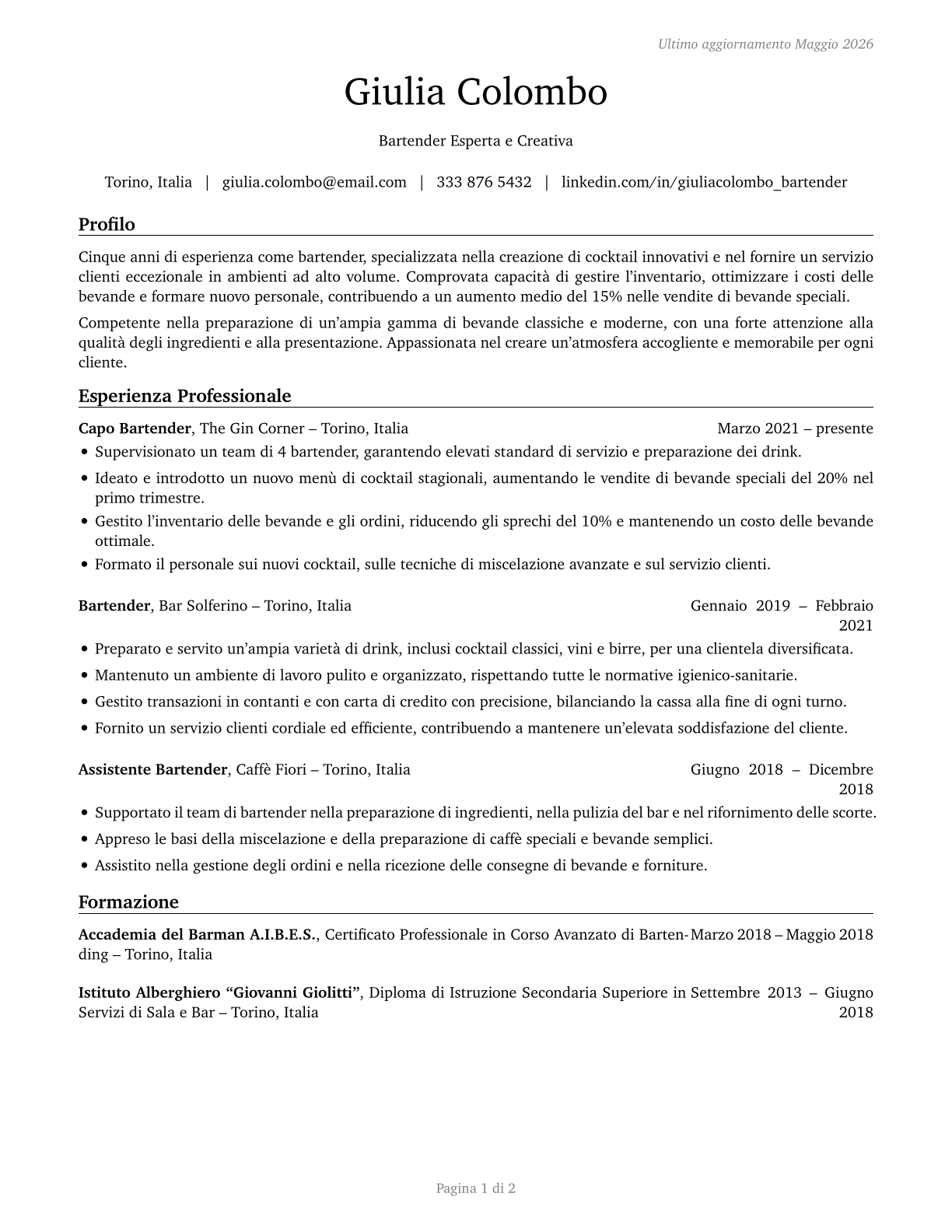 Bartenders CV in Italian — page 1