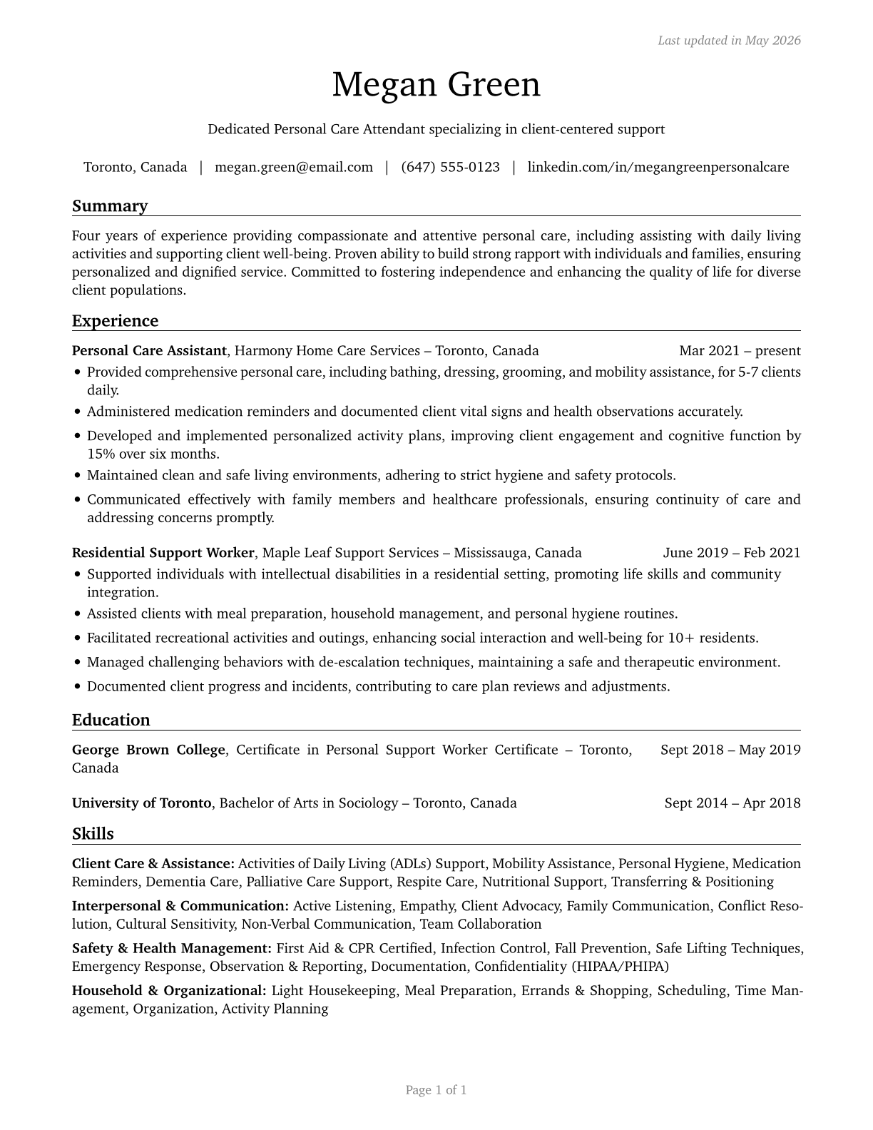 Personal Care and Service Workers, All Other CV in English — page 1