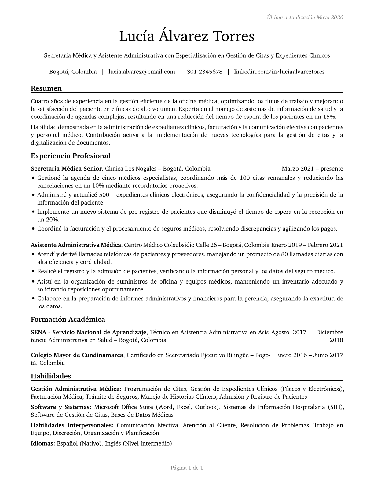 Medical Secretaries and Administrative Assistants CV in Spanish — page 1