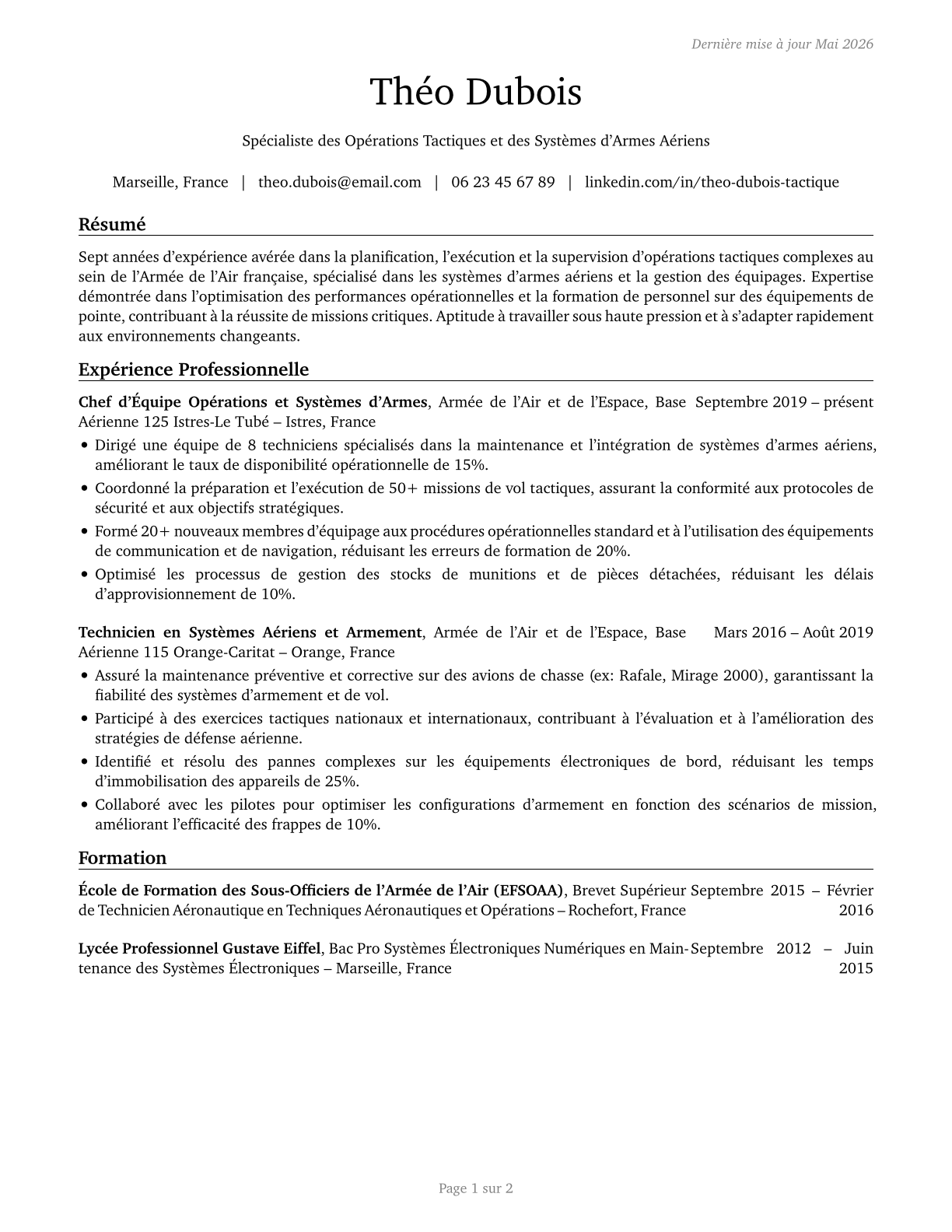 Military Enlisted Tactical Operations and Air/Weapons Specialists and Crew Members, All Other CV in French — page 1