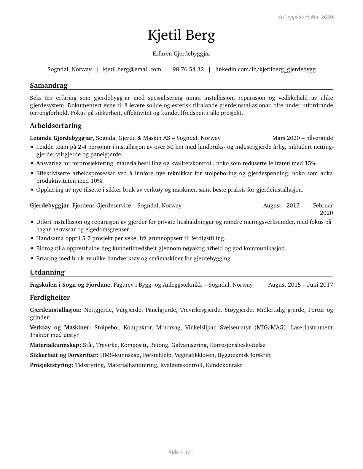 Fence Erectors CV in Norwegian_nynorsk — page 1